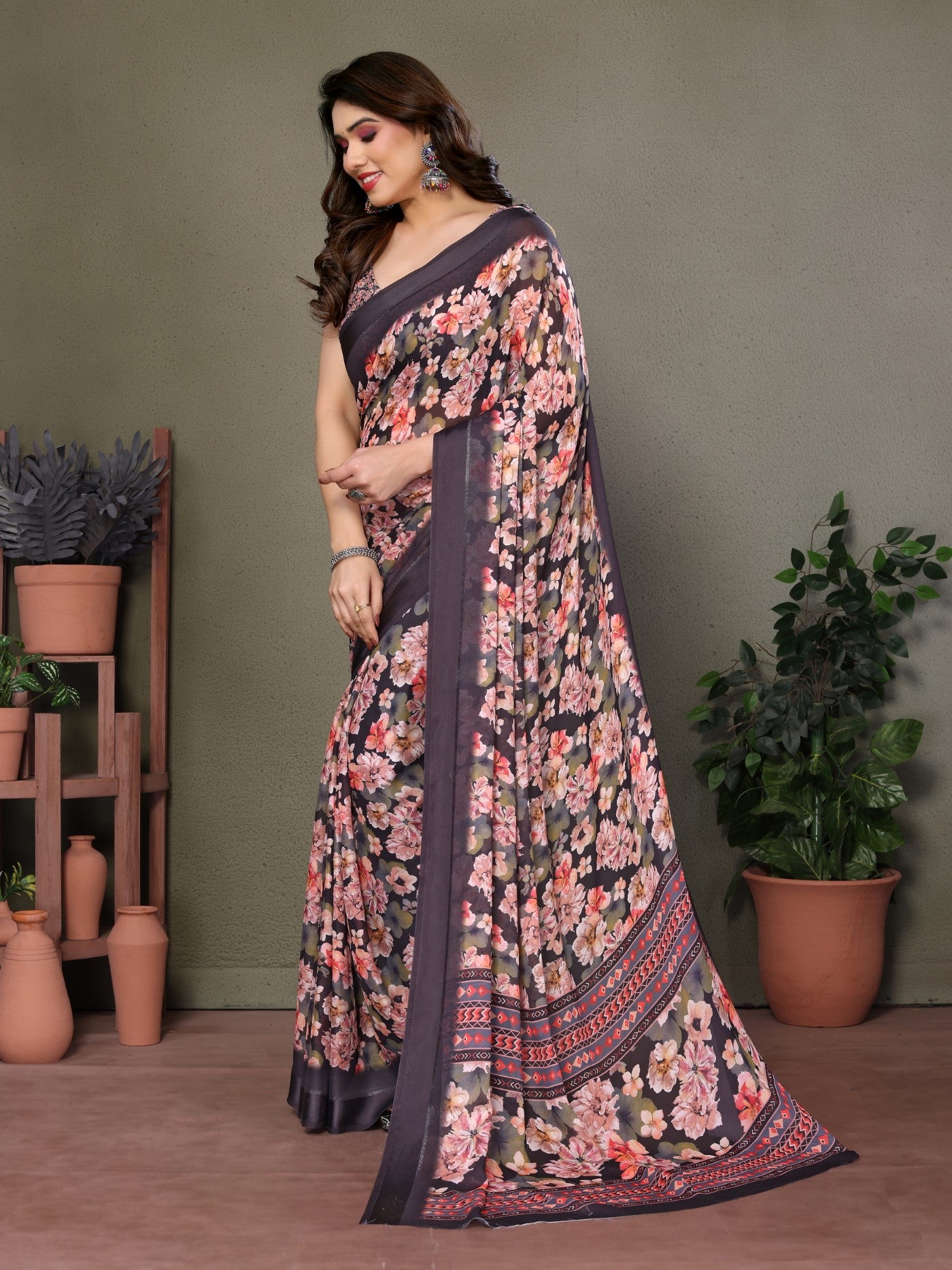 Black Moss Satin Patta Saree with Digital Print