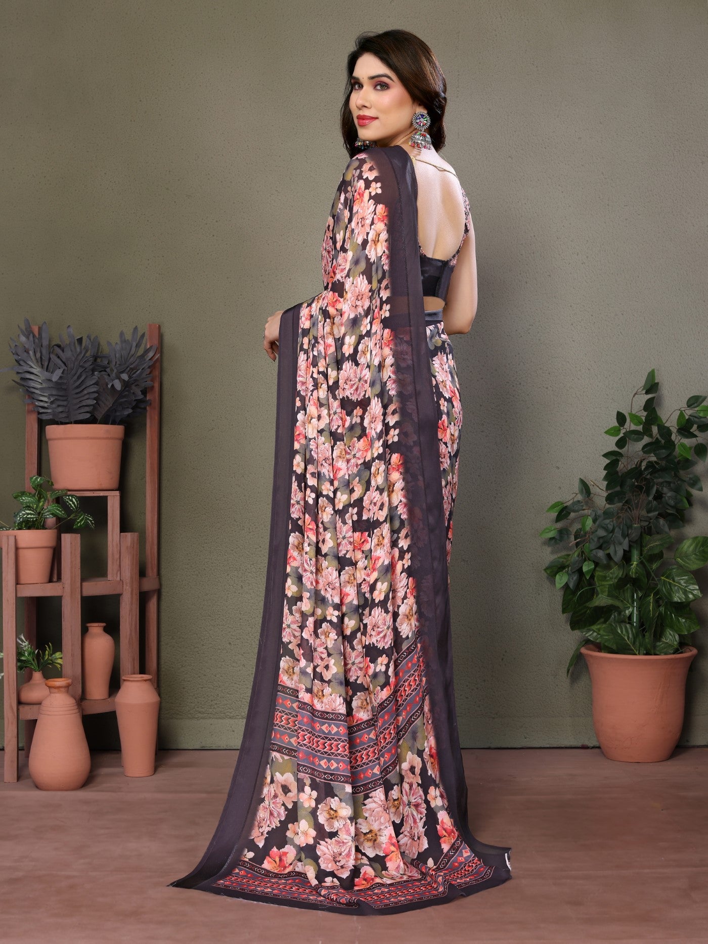 Black Moss Satin Patta Saree with Digital Print
