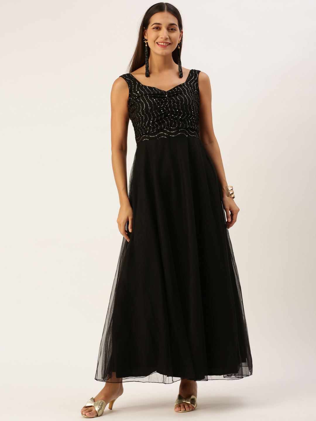 Black Net Dresses with Thread Embroidery With Sequins Work