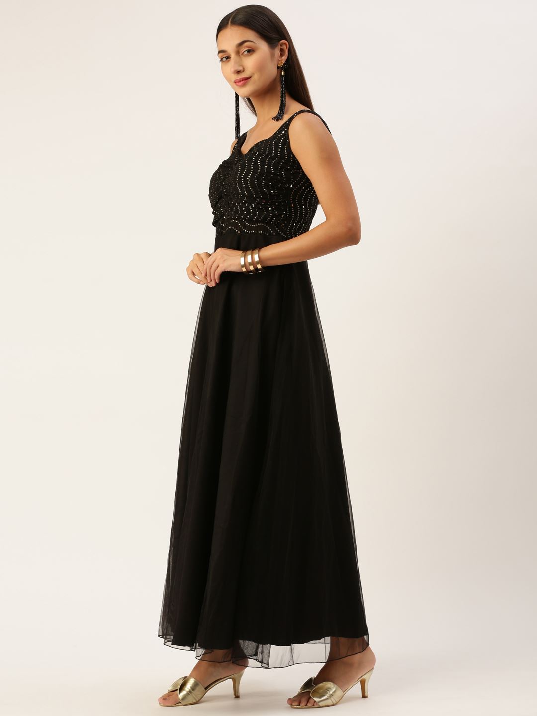 Black Net Dresses with Thread Embroidery With Sequins Work