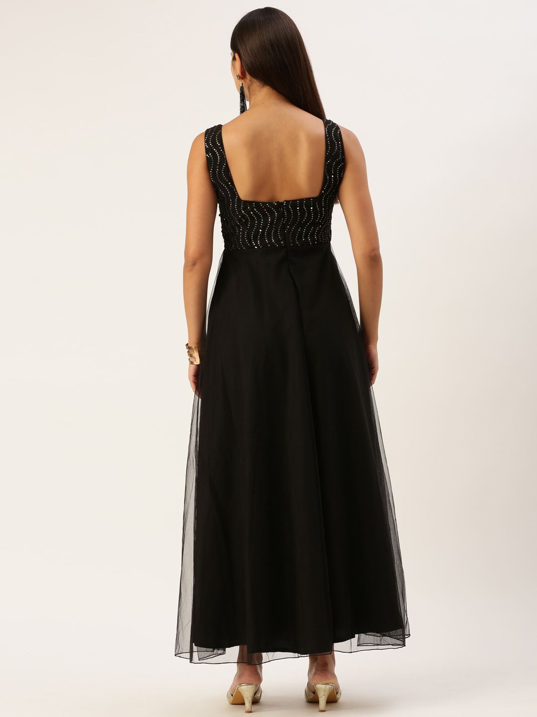 Black Net Dresses with Thread Embroidery With Sequins Work