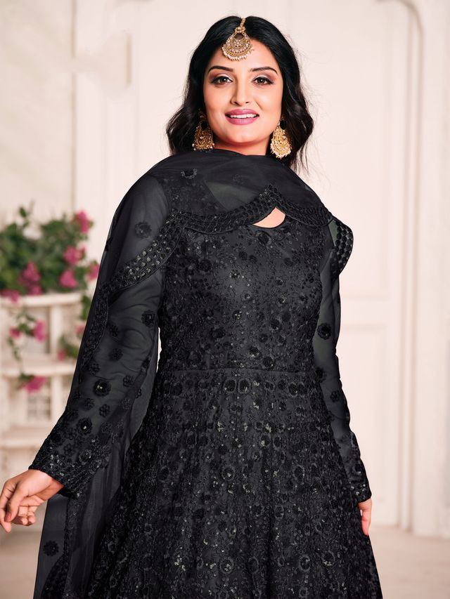 Black Net Heavy Thread Embroidery And Sequence Work  Anarkali Suits