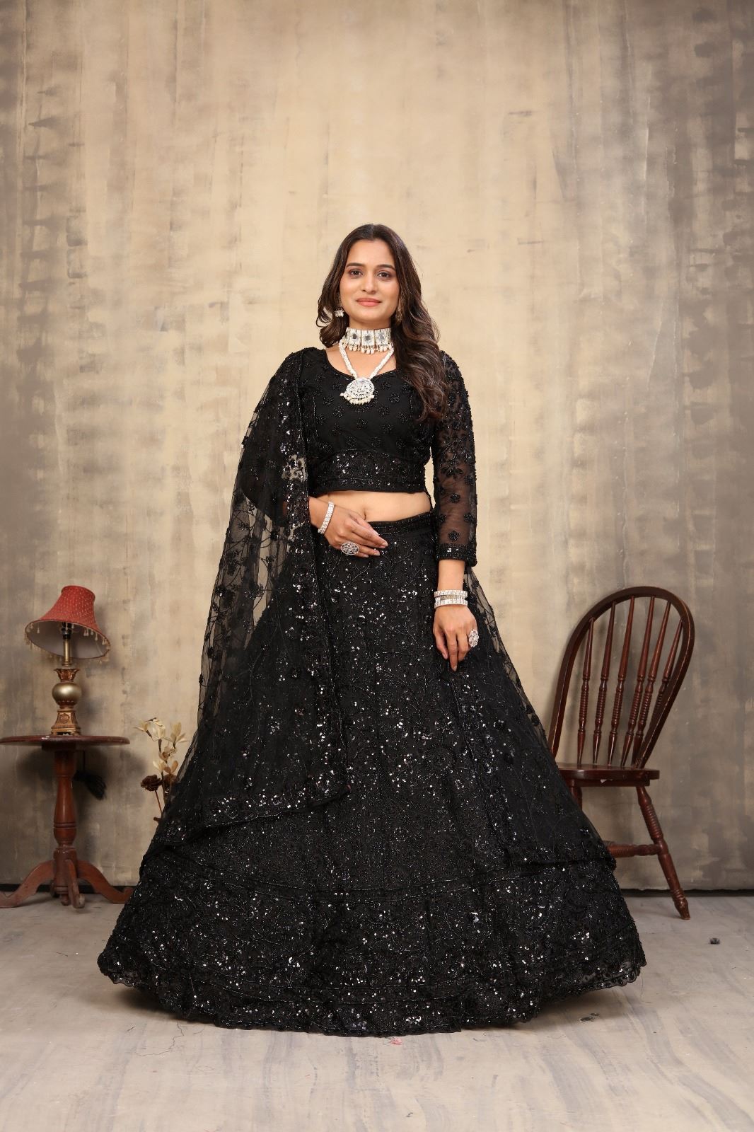 Black Net Lehenga Choli With Embroidery Work