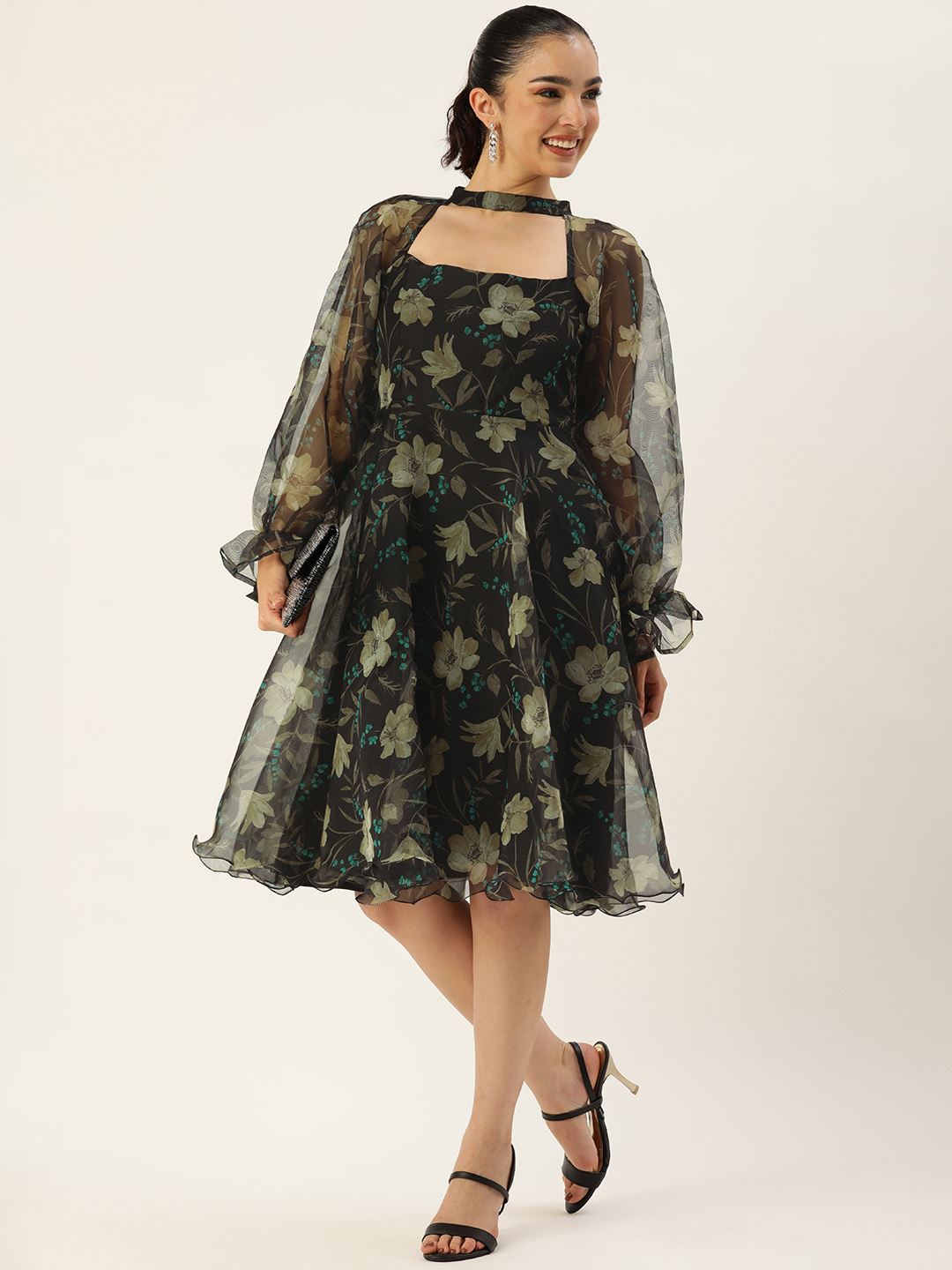 Black Organza Dress & Gown With Floral Print
