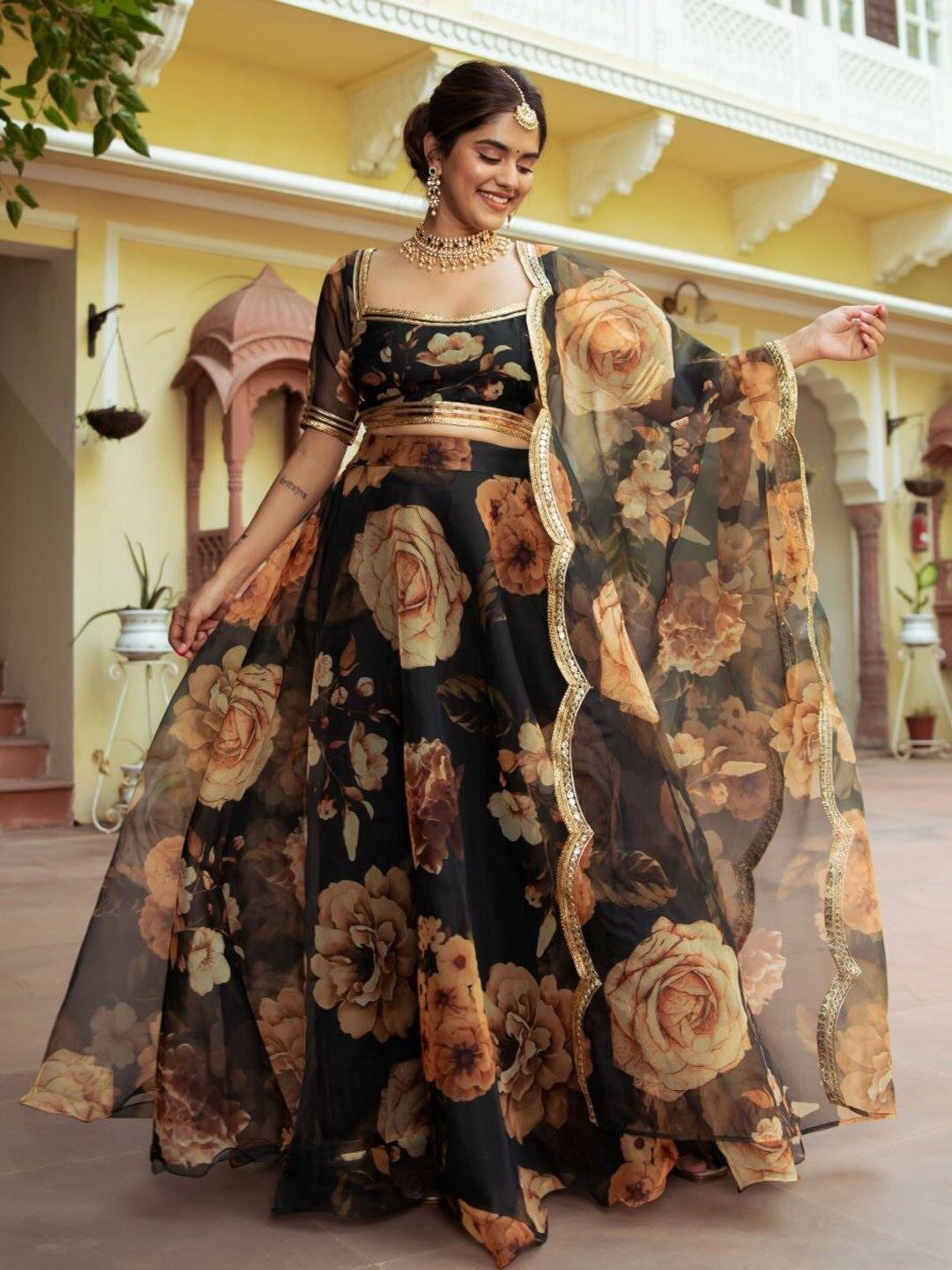 Black Organza Lehenga Choli With Digital Print with Gota Patti Work