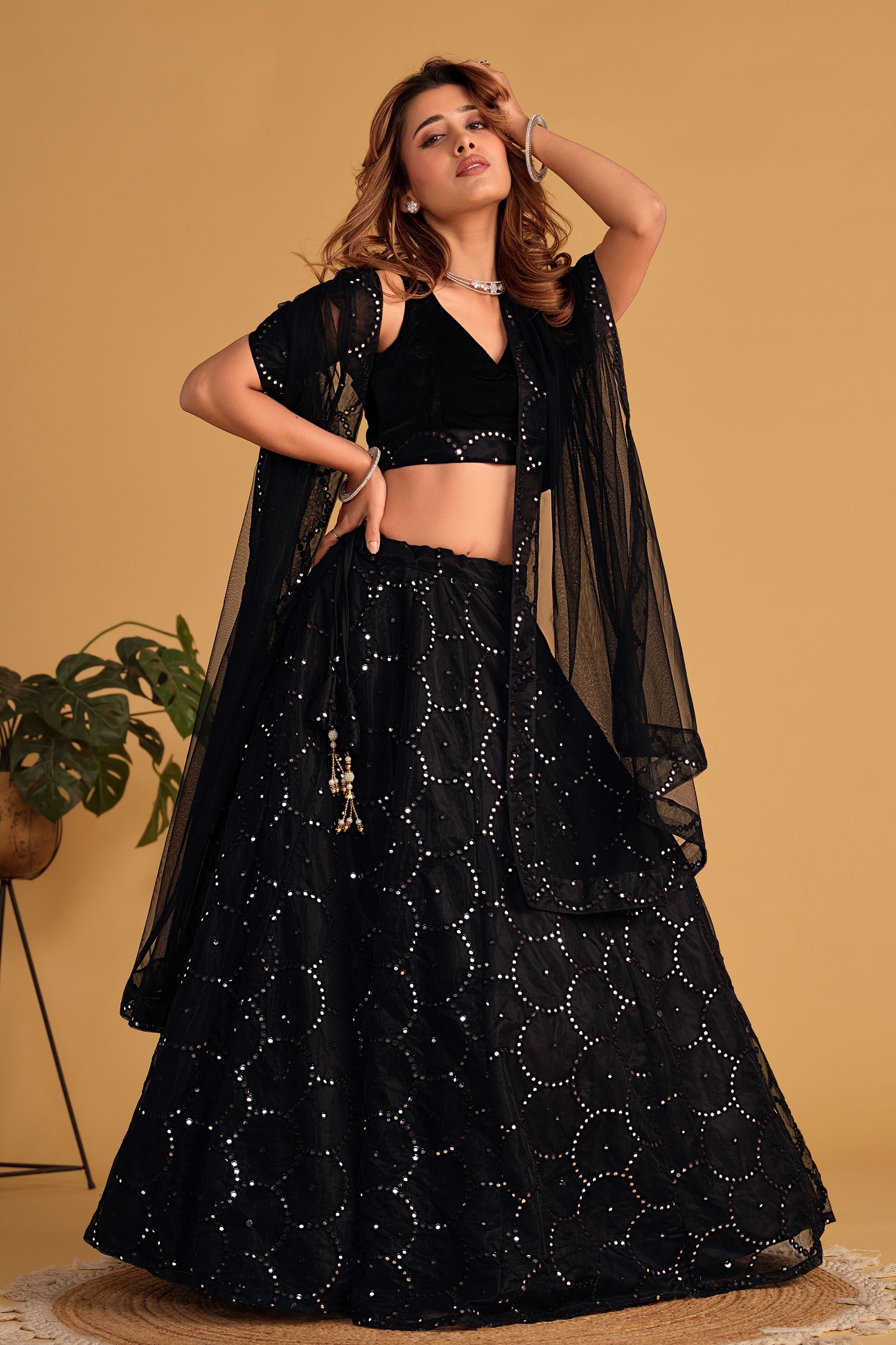 Black Organza Net Lehenga Choli With Sequins Thread Embroidered Work