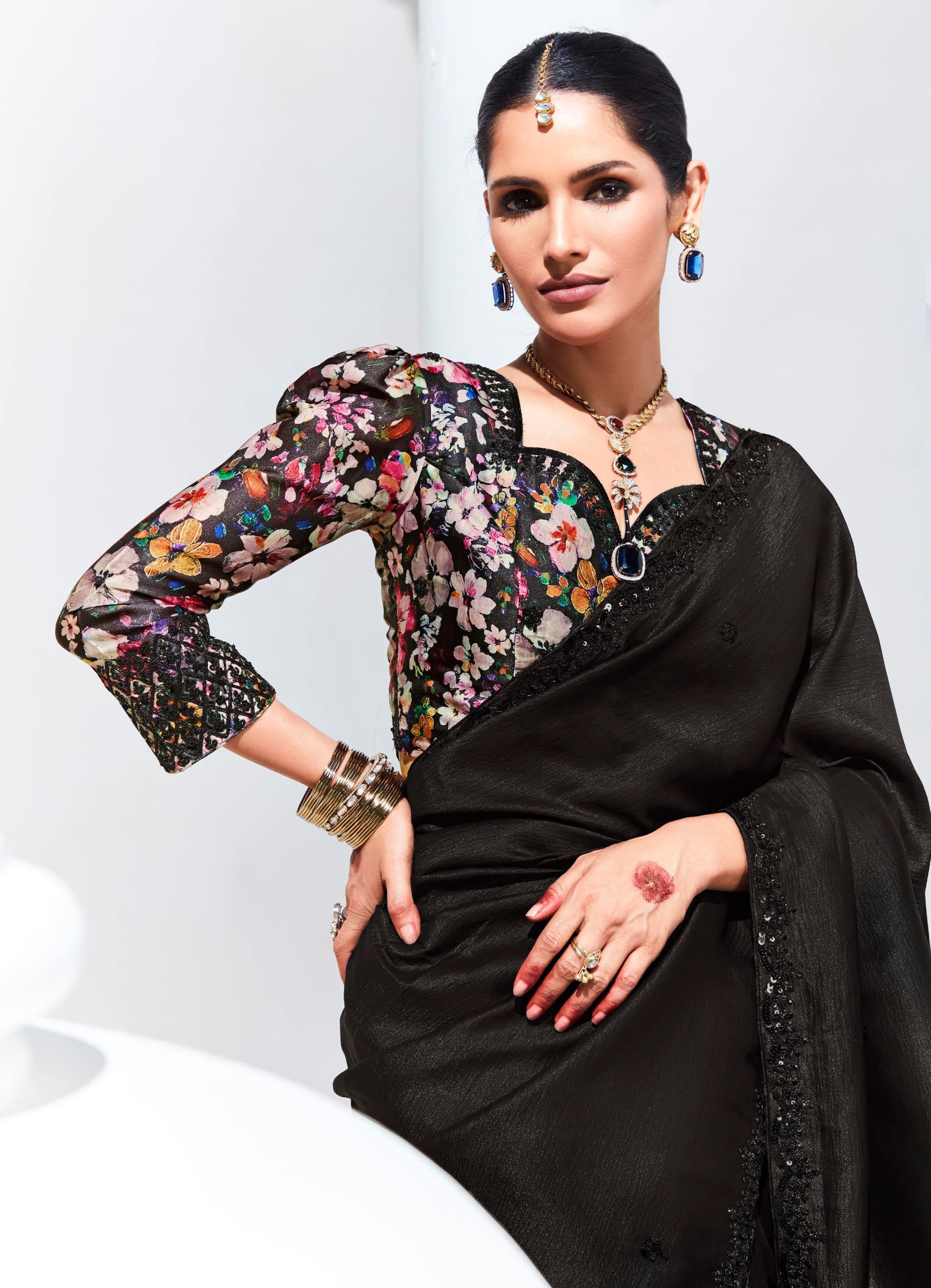 Black Organza Saree With  Thread Embroidery with Printed Blouse