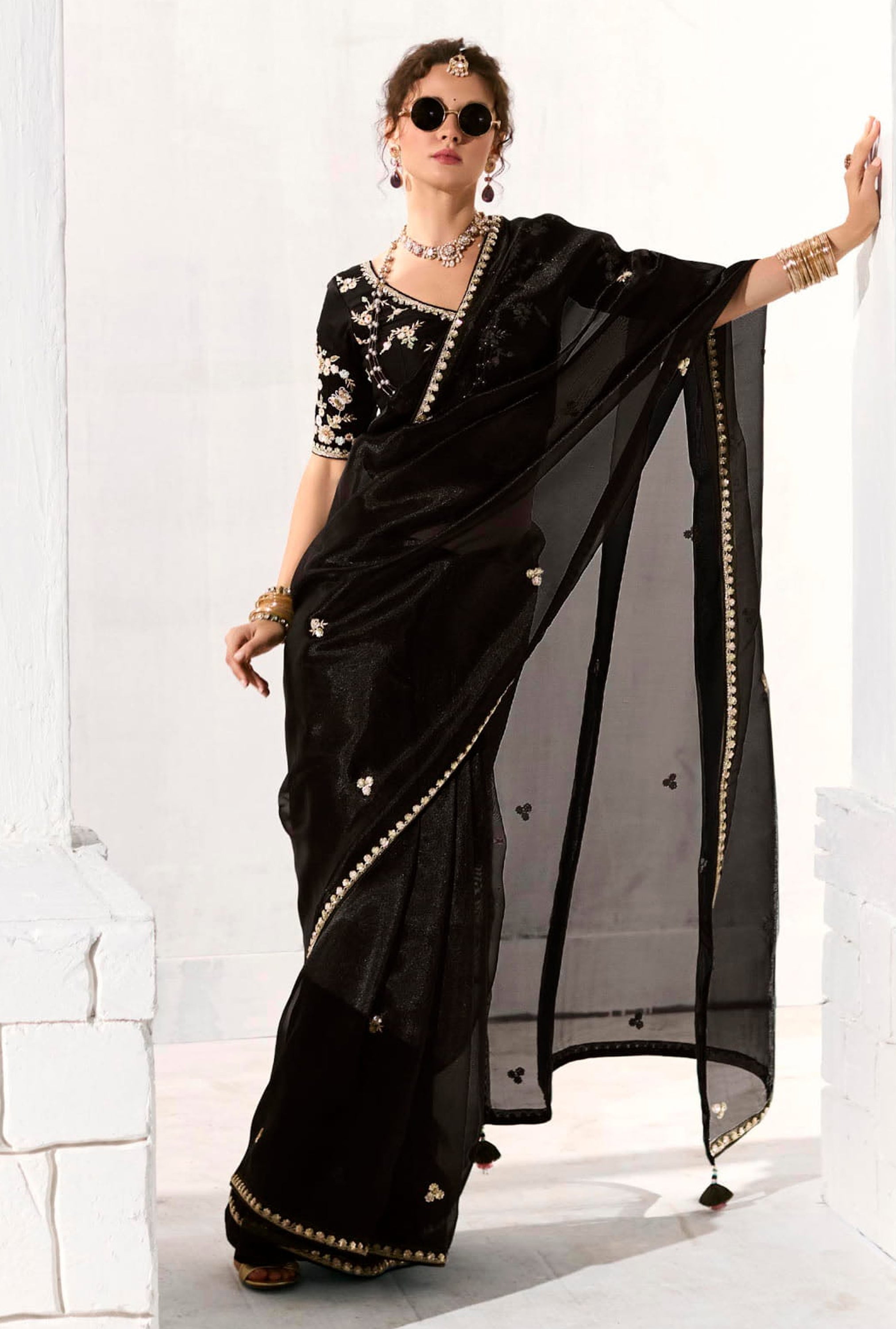 Black Organza Tissue Saree With  Heavy Embroidery Butta Work With Embroidered Blouse