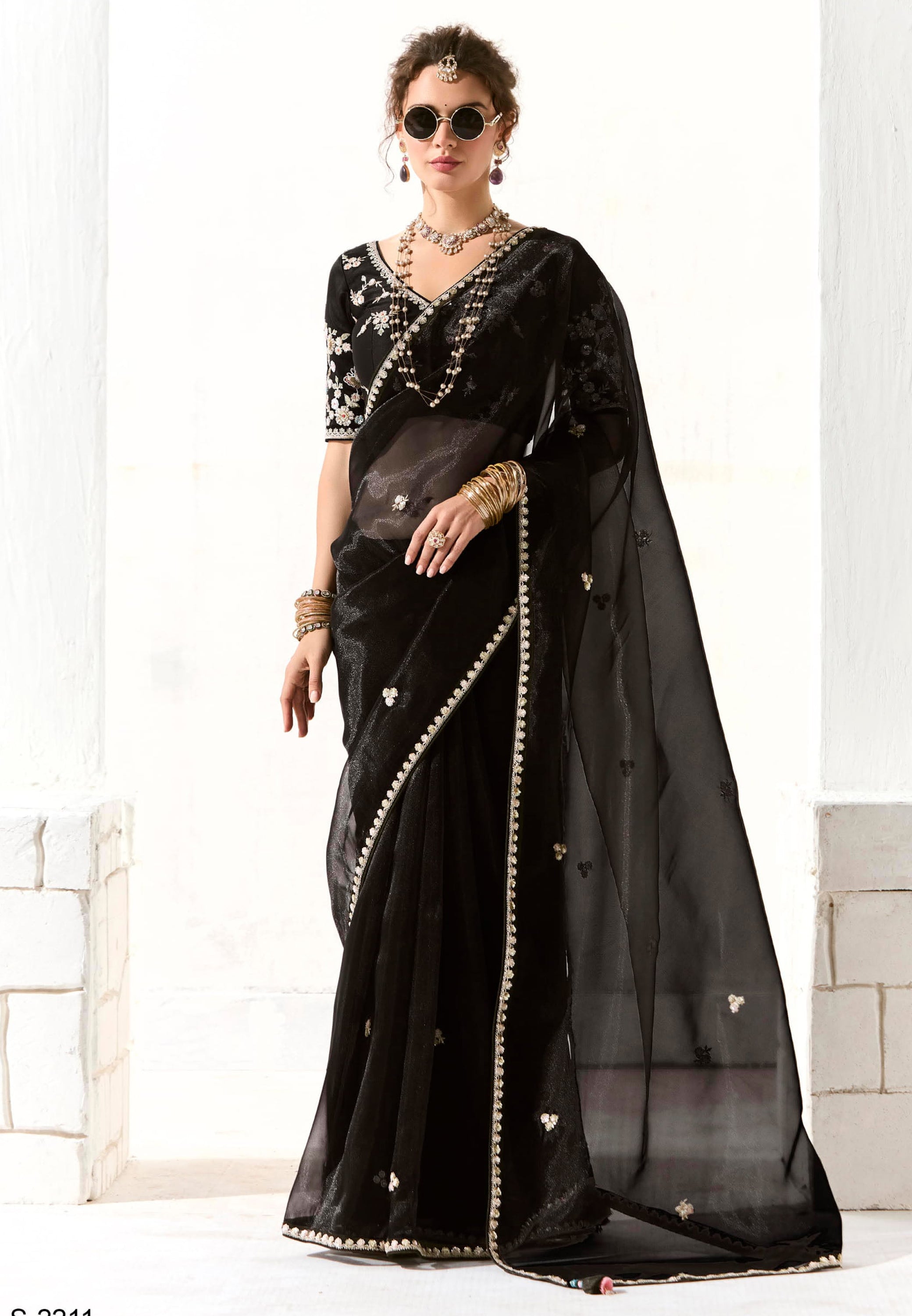 Black Organza Tissue Saree With  Heavy Embroidery Butta Work With Embroidered Blouse