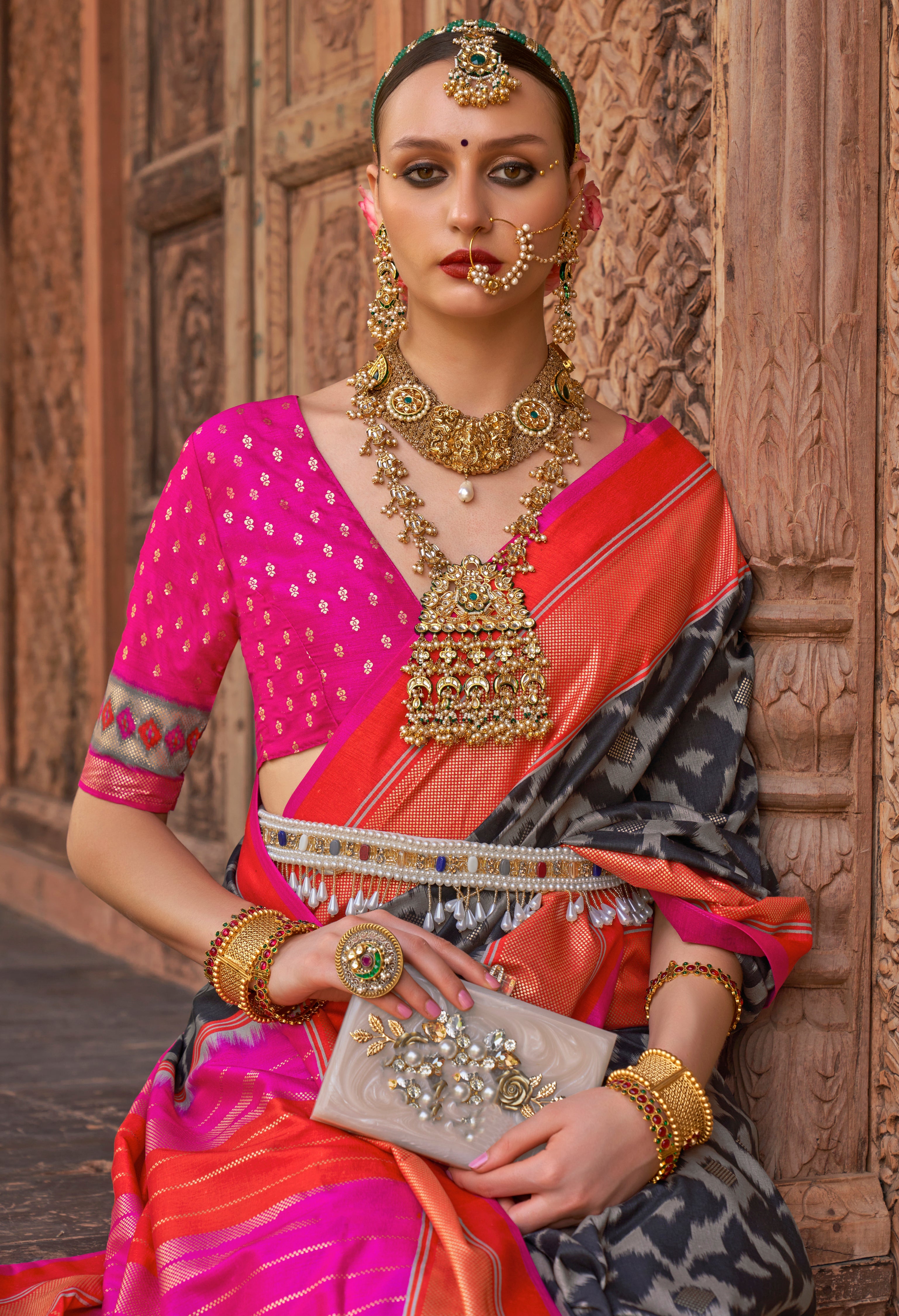 Black PV Silk Saree with  Printed
