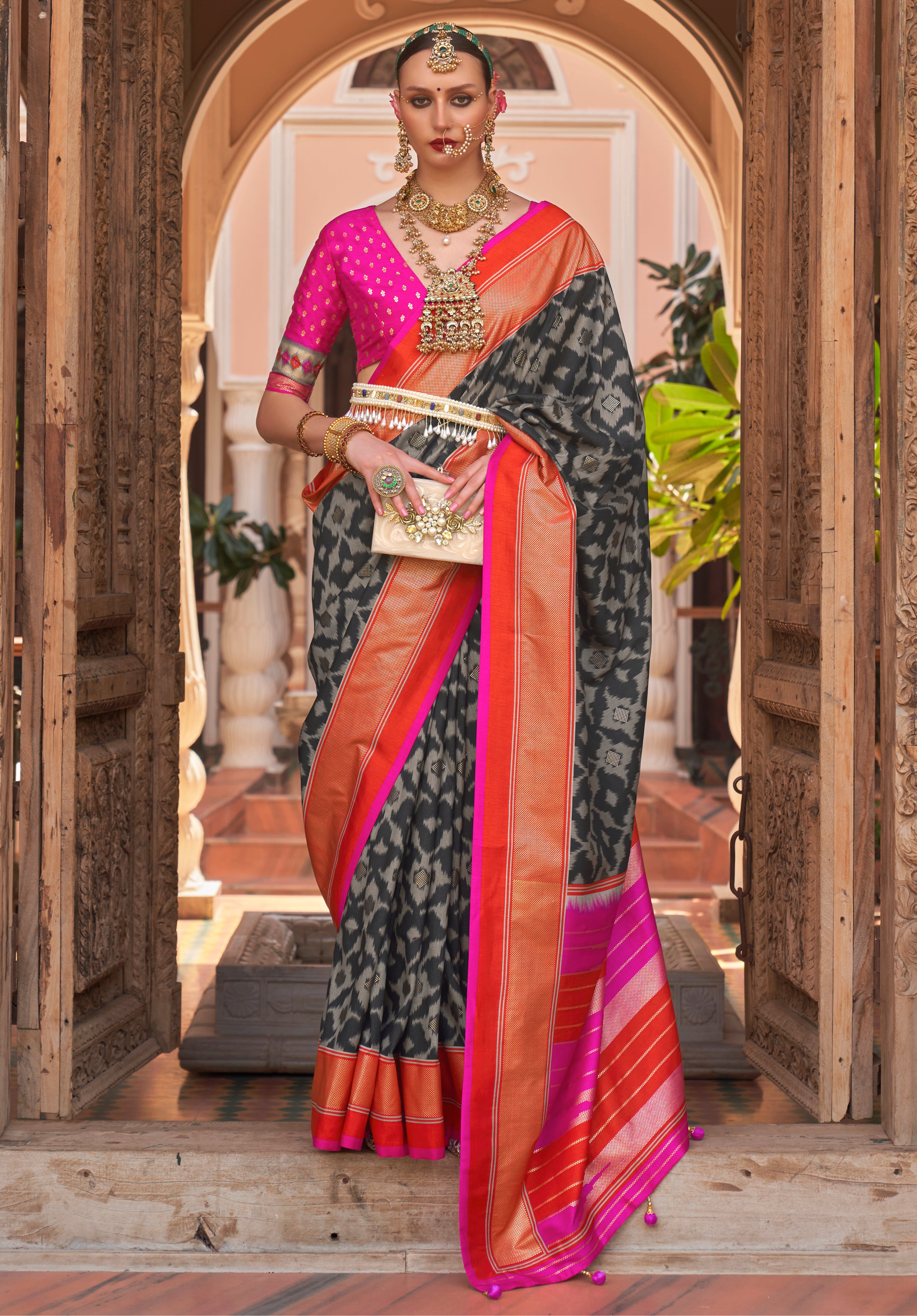 Black PV Silk Saree with  Printed