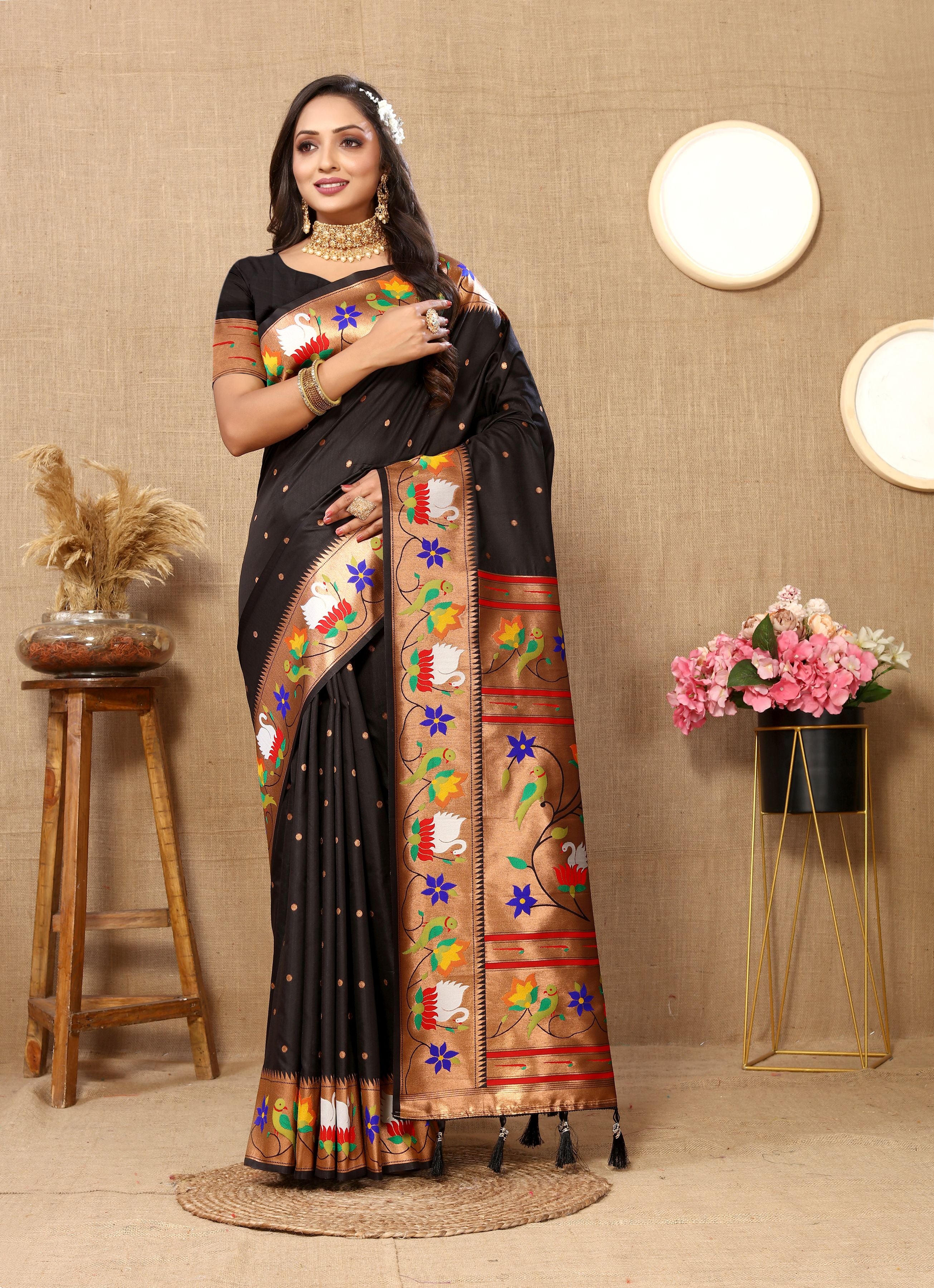 Black Paithani Silk Woven Meenakari Paithani Designer Ethnic Heavy Looks Saree