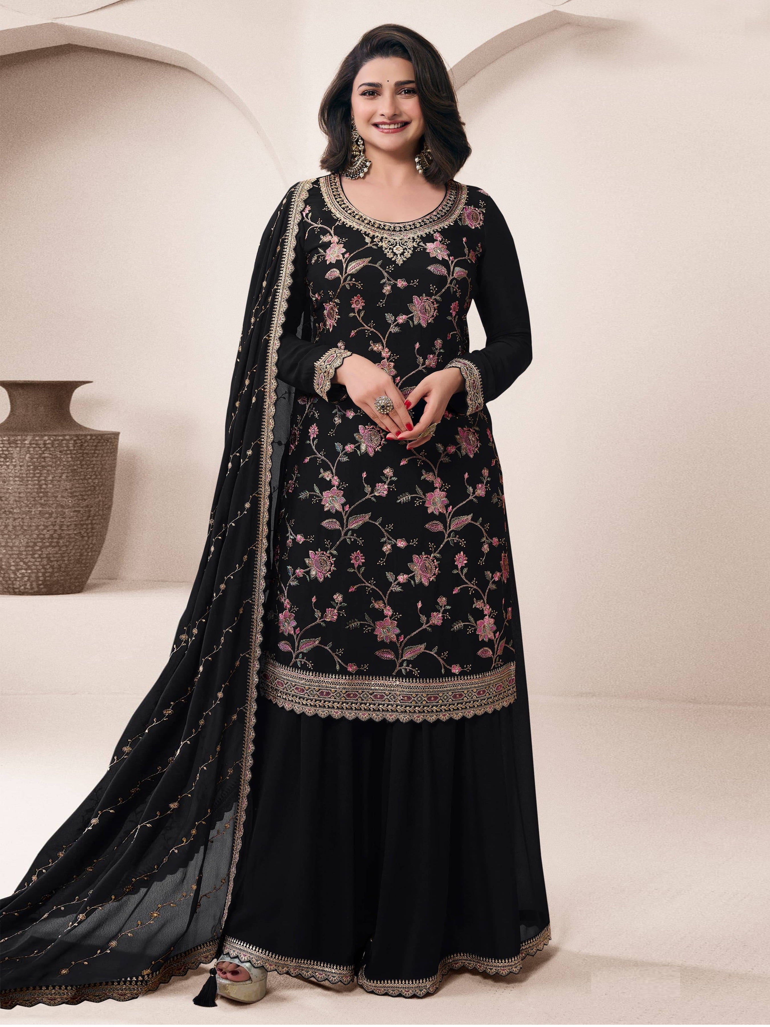 Black Palazzo Style Salwar Suit With Heavy Embroidery Work