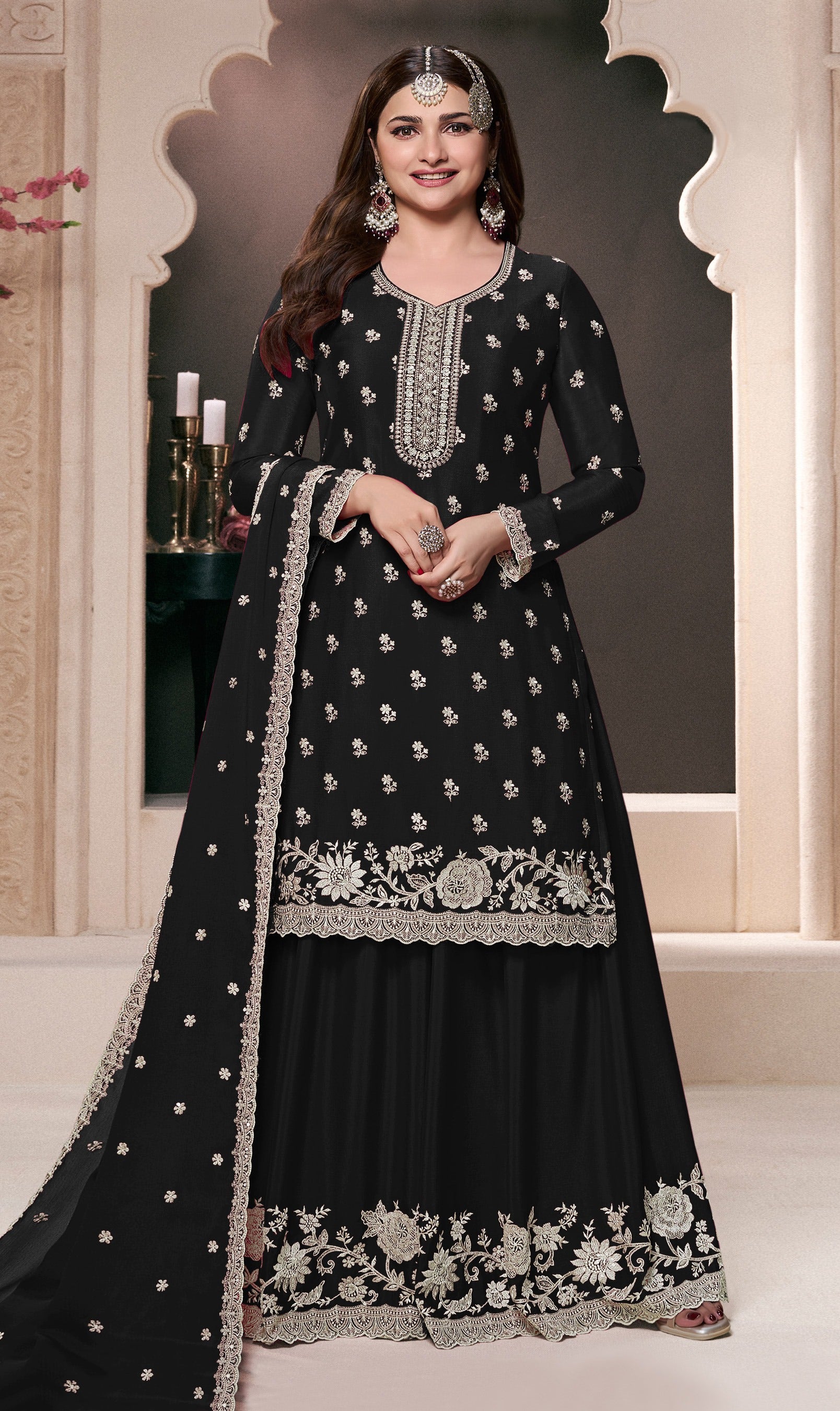 Black Palazzo Style Salwar Suit With Heavy Embroidery Work