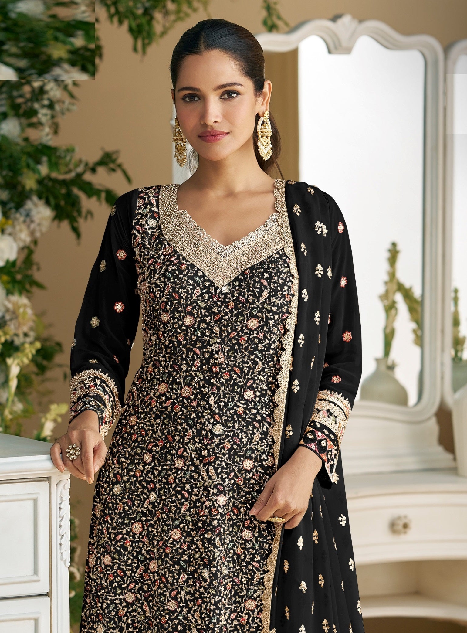 Black Palazzo Style Salwar Suit With Heavy Embroidery Work