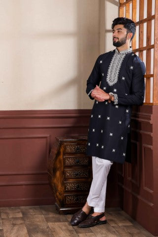 Black Partywear Kurta Pajama with Designer Embroidery