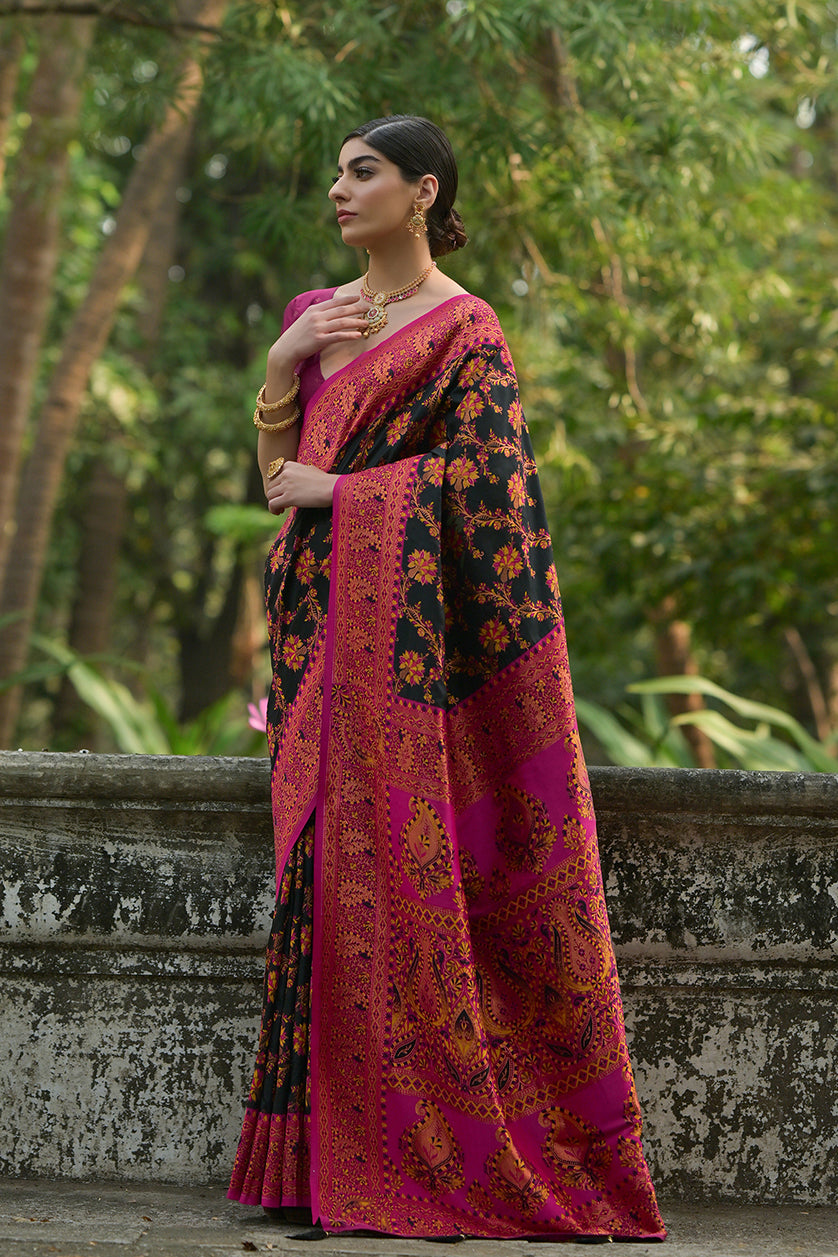 Black Pashmina Silk Saree with Floral Jal and Thread Pallu