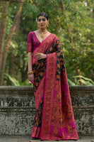 Black Pashmina Silk Saree with Floral Jal and Thread Pallu