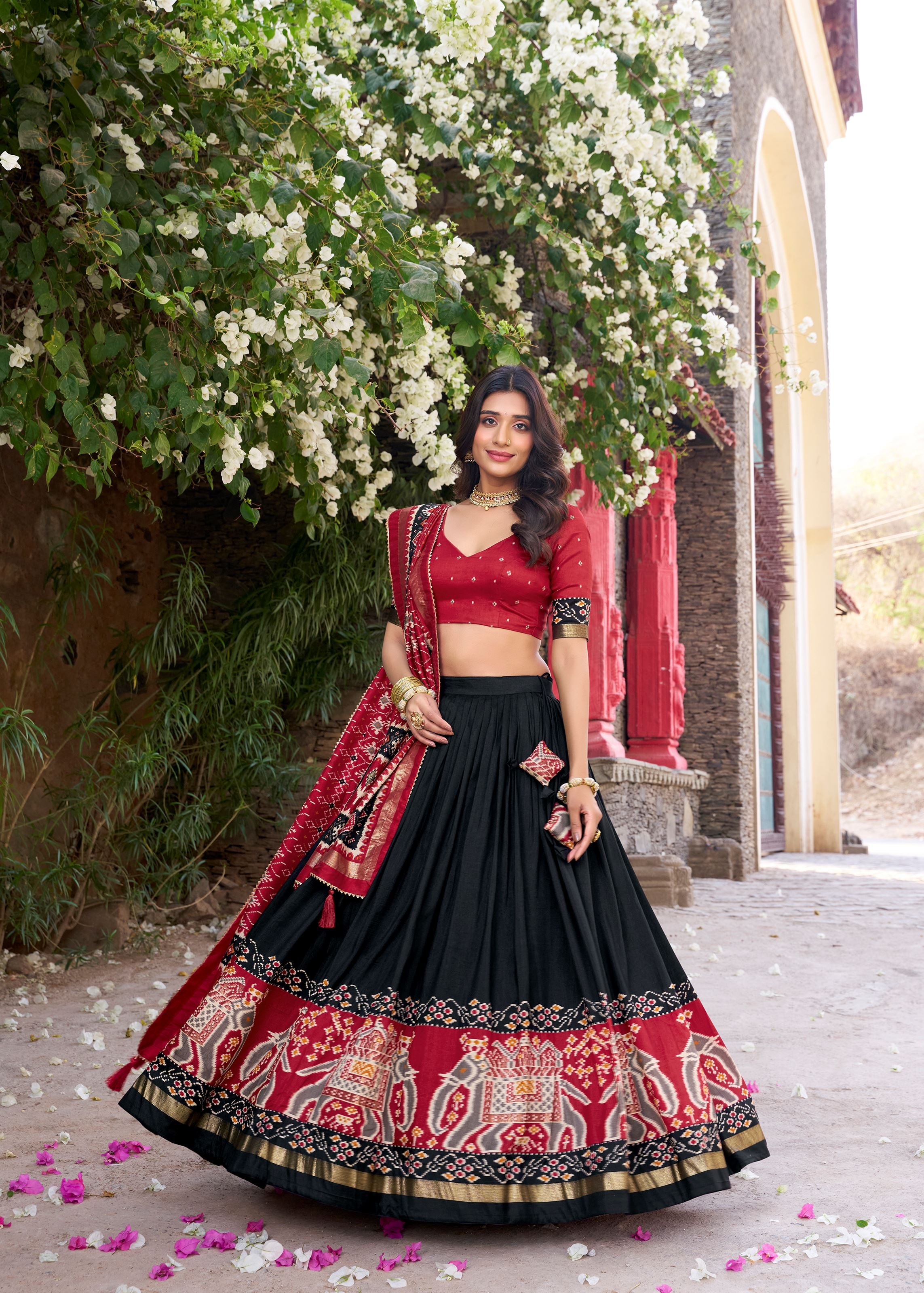 Black Perfection Patola Printed Tussar Silk Lehenga with Foil Highlights