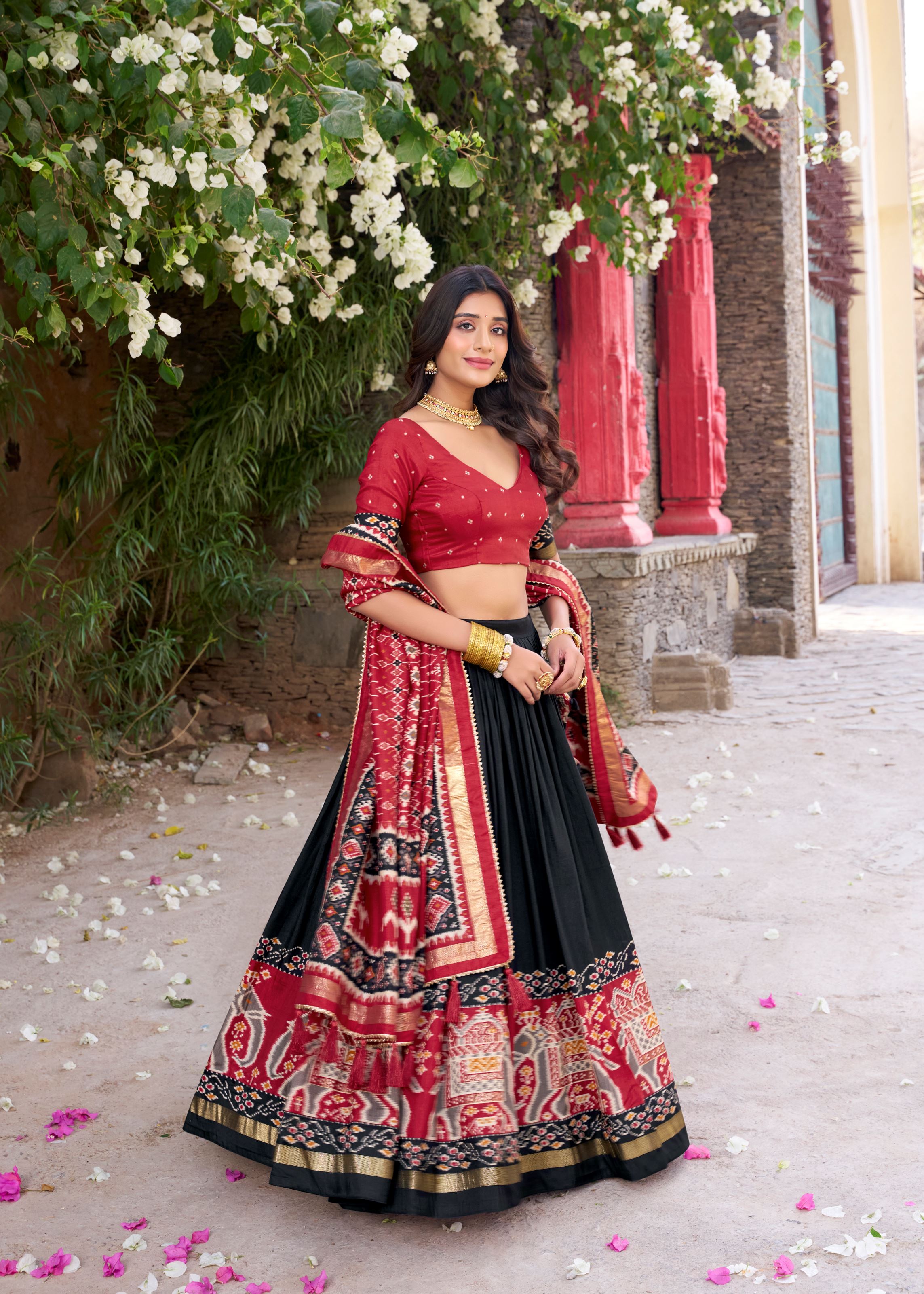 Black Perfection Patola Printed Tussar Silk Lehenga with Foil Highlights