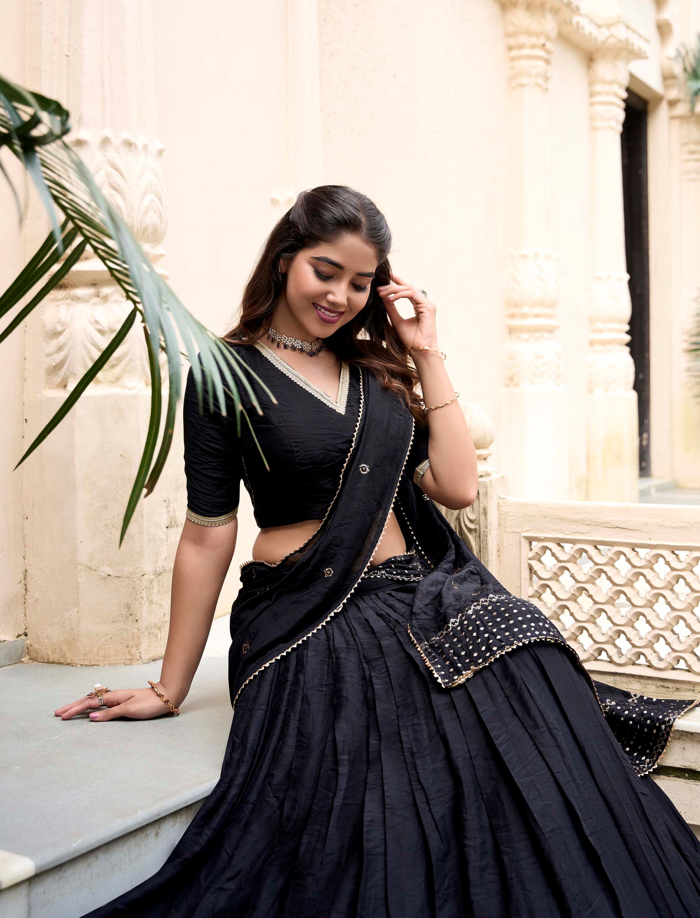 Black Plain Chanderi Lehenga with Zari Weaving Finish