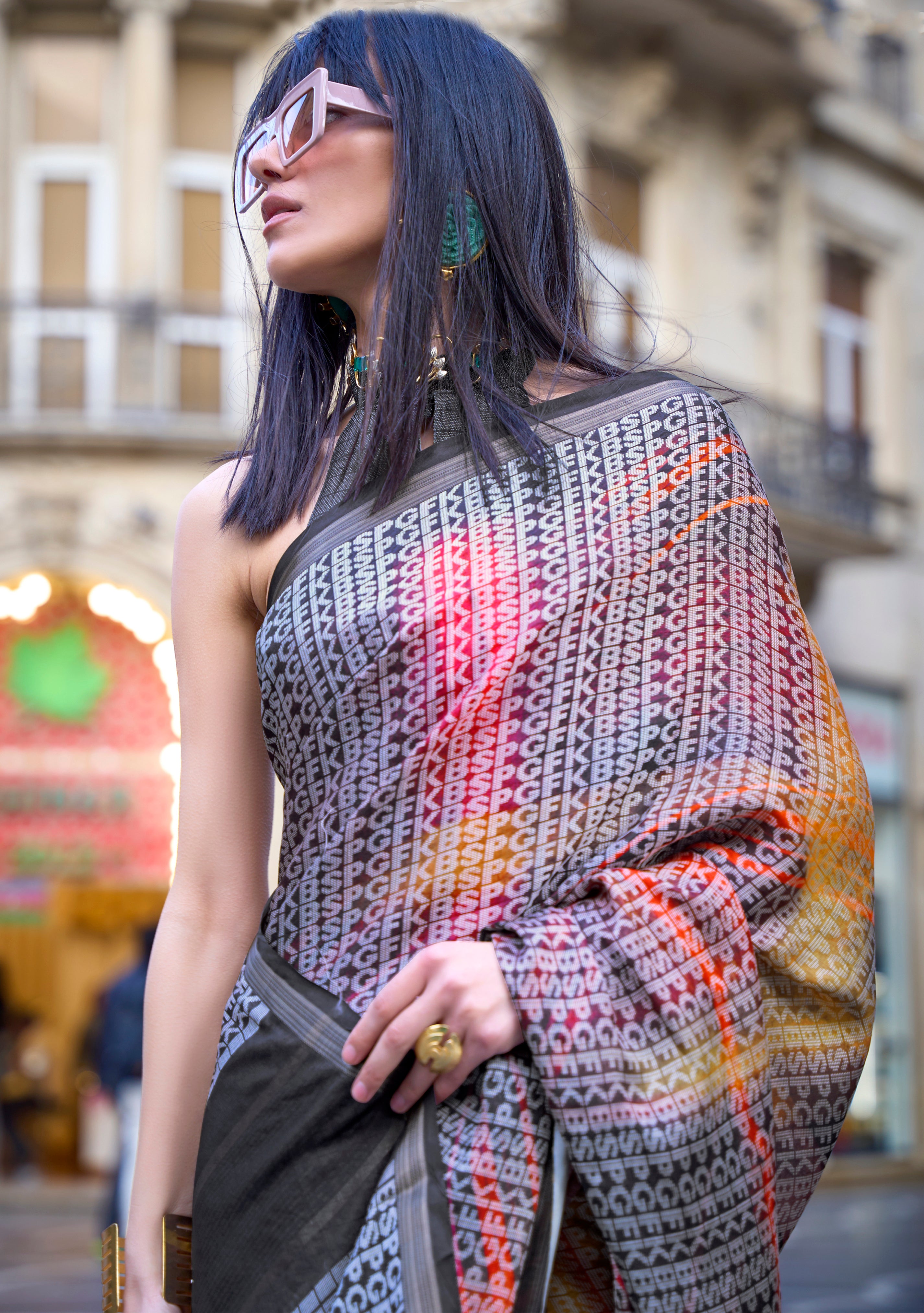 Black Poly Viscose Saree with Print