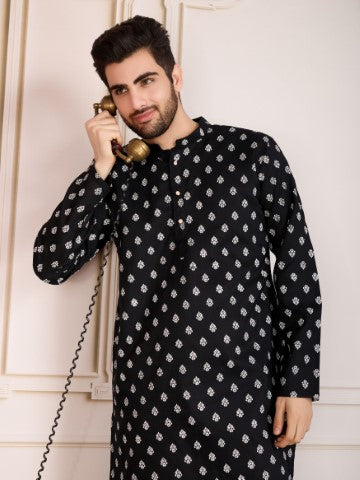 Black Printed Cotton Stylish Kurta Pajama