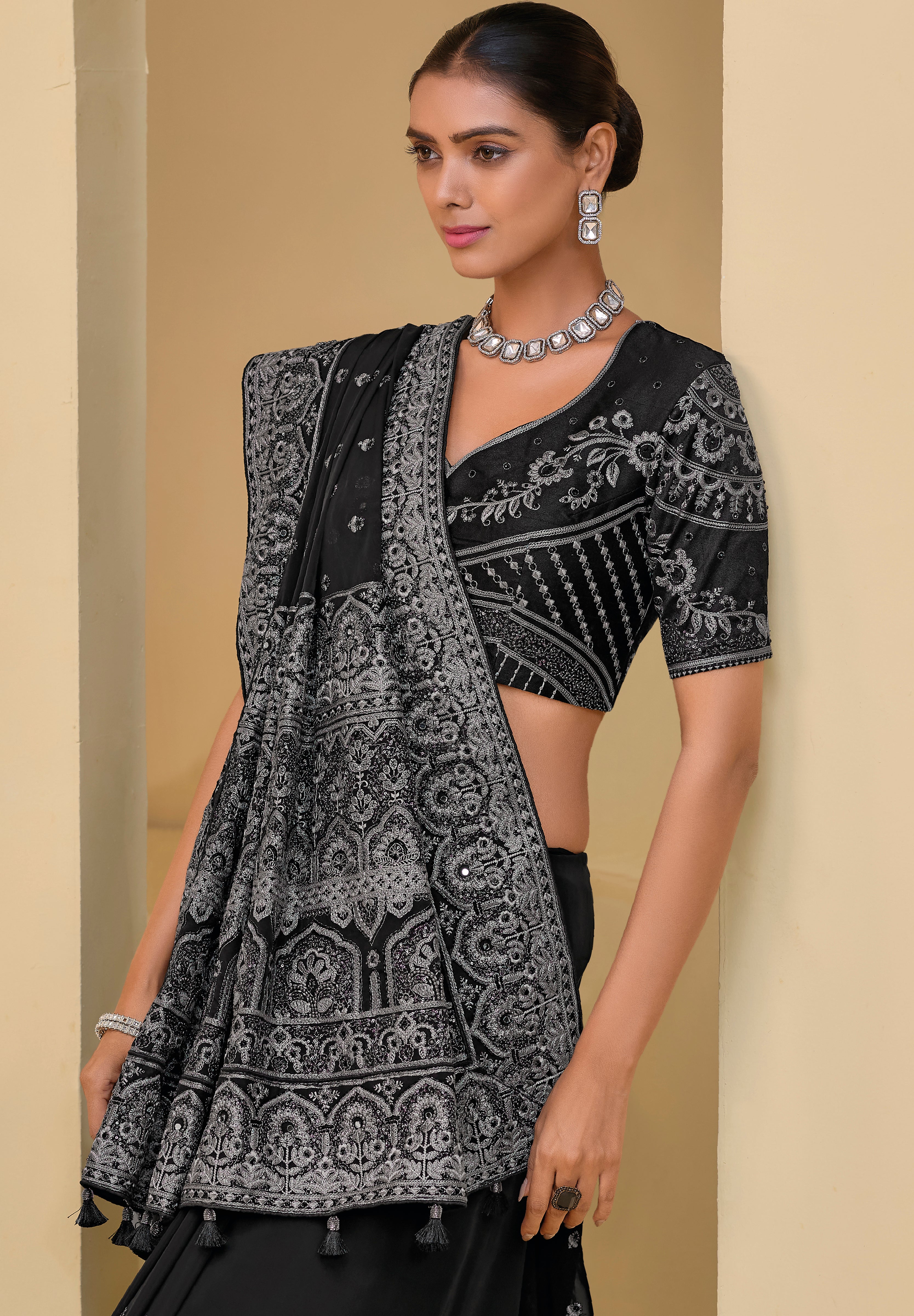 Black Pure Banarasi Tuscany Saree With  Embroidery, Moti, Cut-Dana, Mirror With Zarkan Work