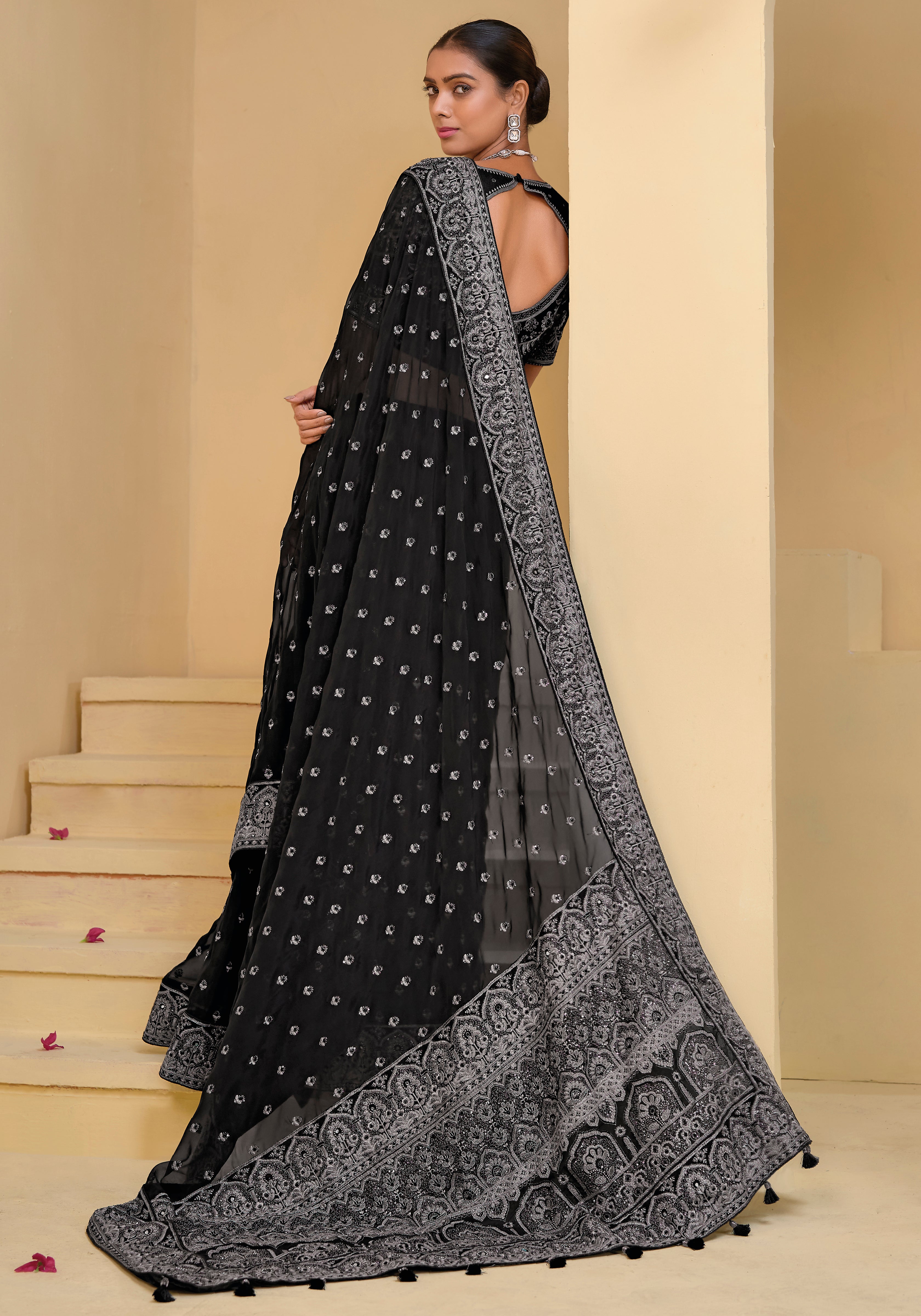 Black Pure Banarasi Tuscany Saree With  Embroidery, Moti, Cut-Dana, Mirror With Zarkan Work