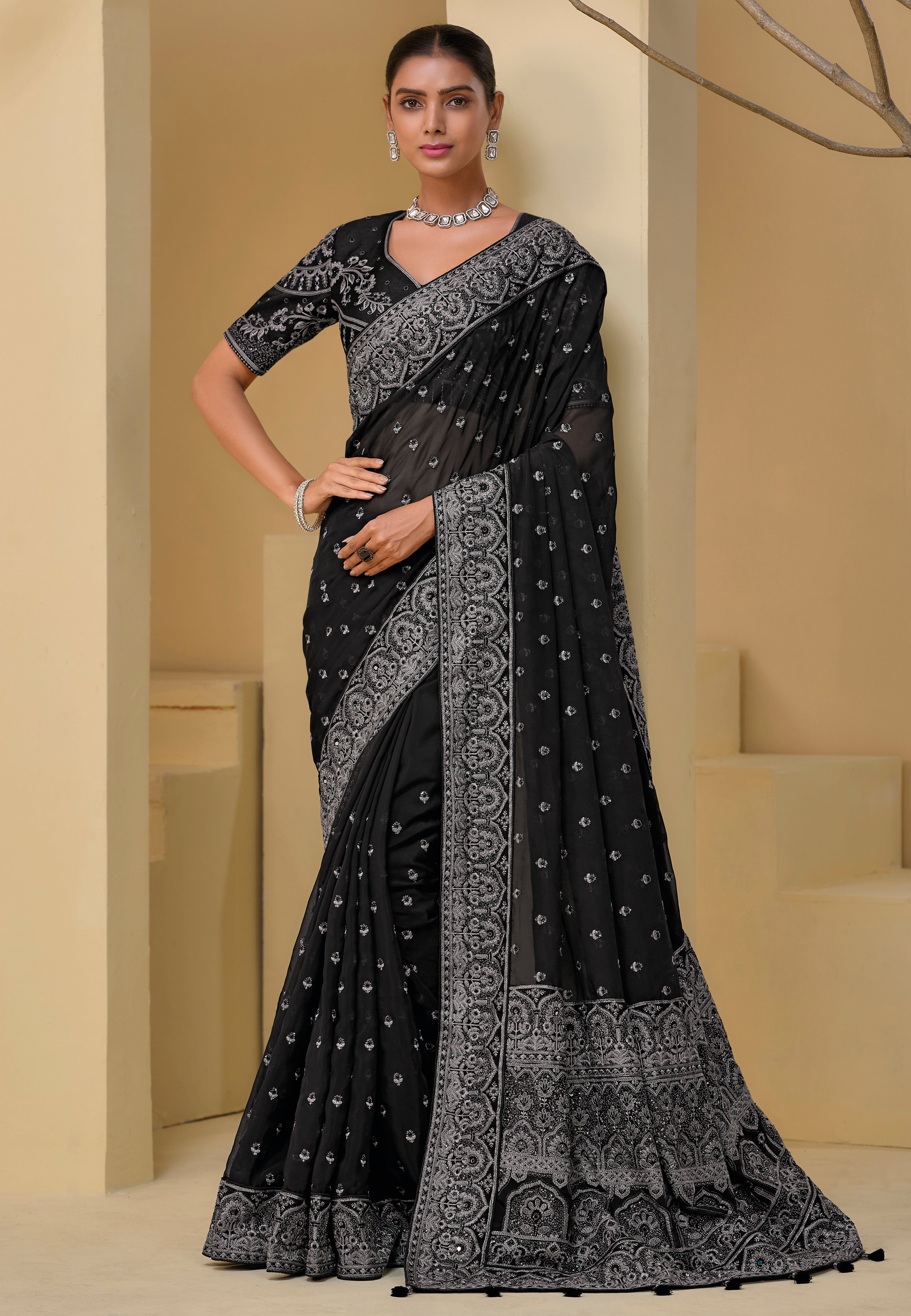Black Pure Banarasi Tuscany Saree With  Embroidery, Moti, Cut-Dana, Mirror With Zarkan Work