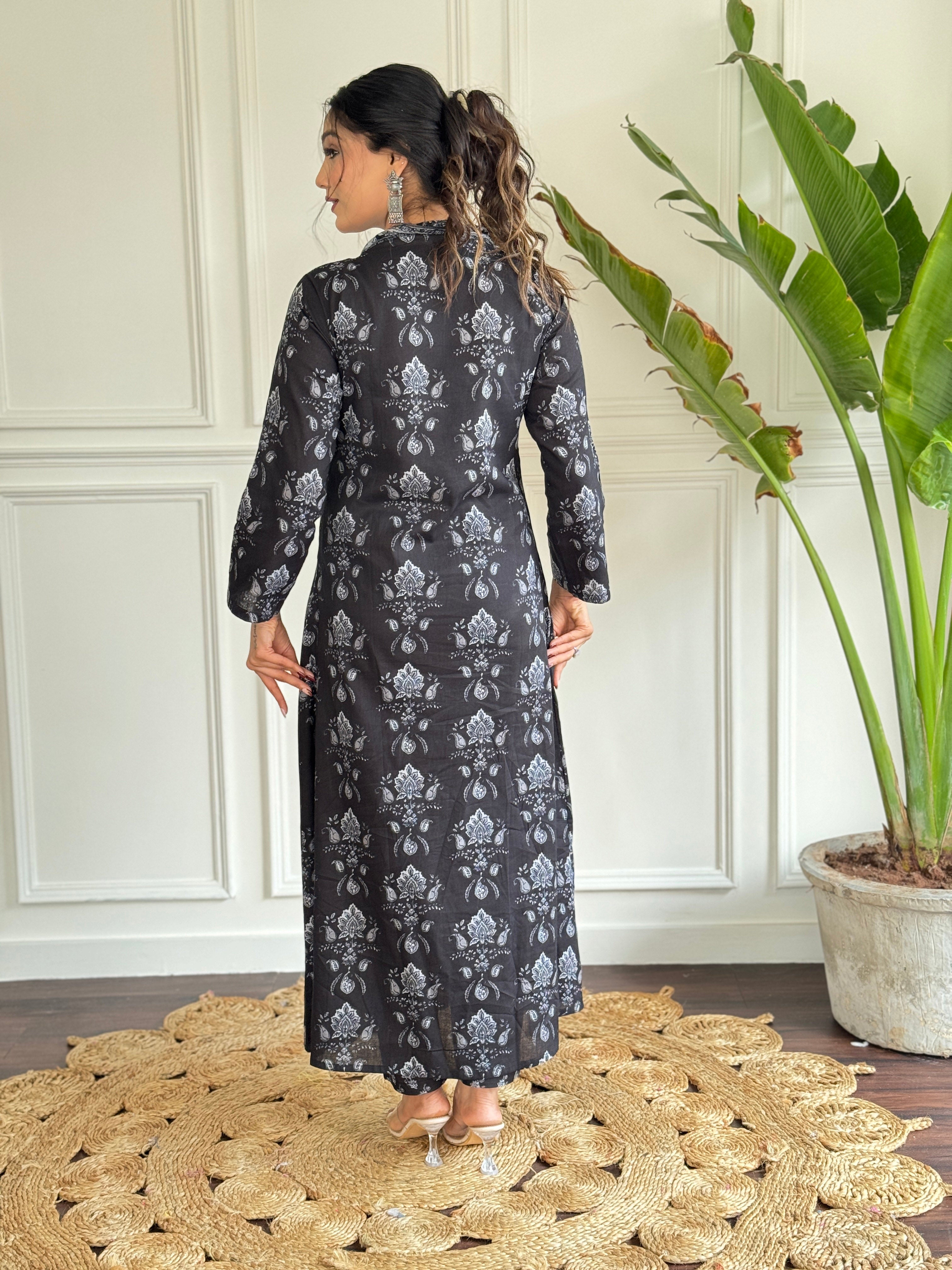 Black Pure Cotton Elegant Kurta Pant Set With Print
