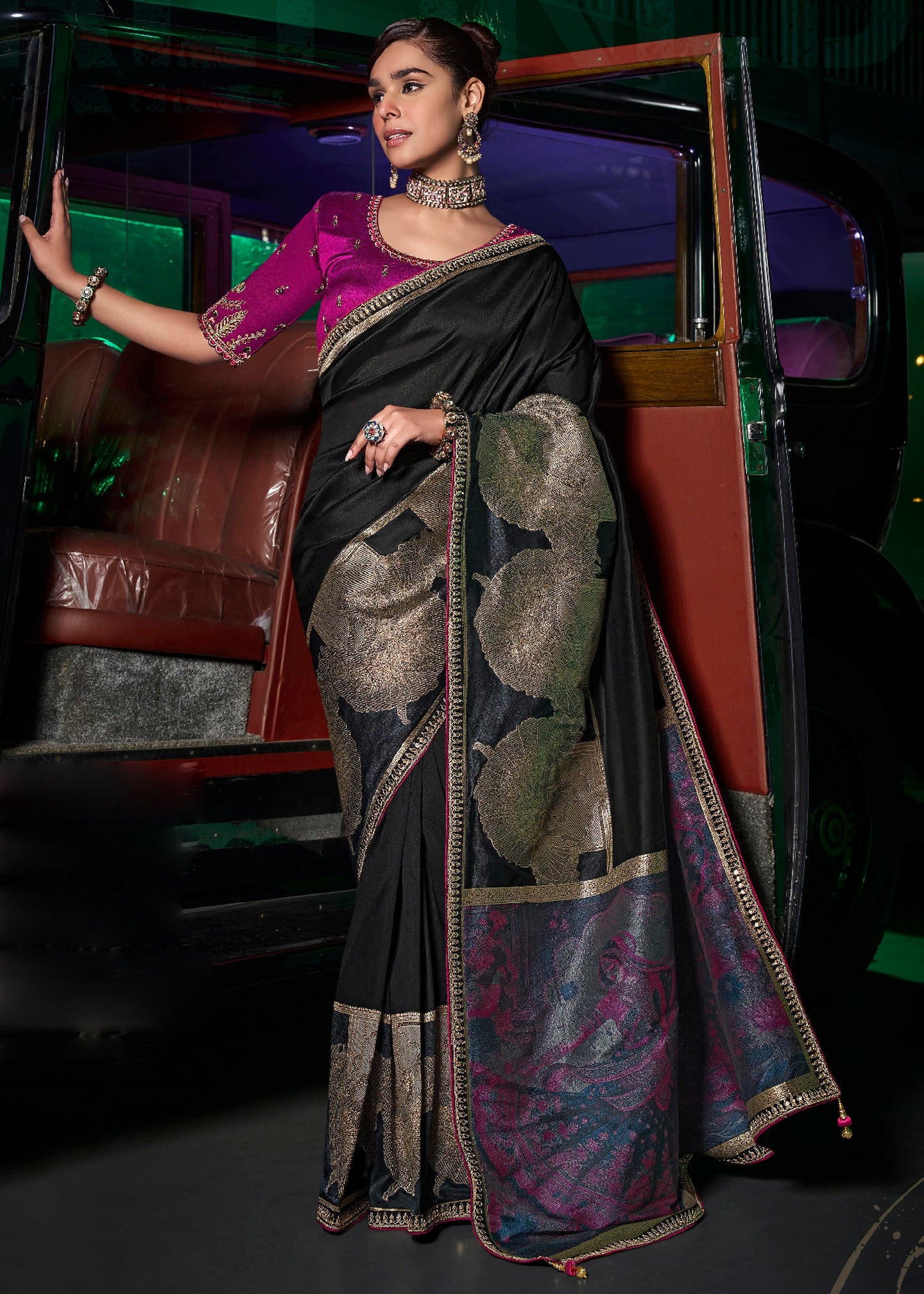 Black Pure Silk Saree with Weaved Pallu and Embroidered Blouse