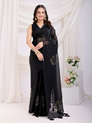 Black Rangoli Silk Ready To Wear Saree With Swarovski Work