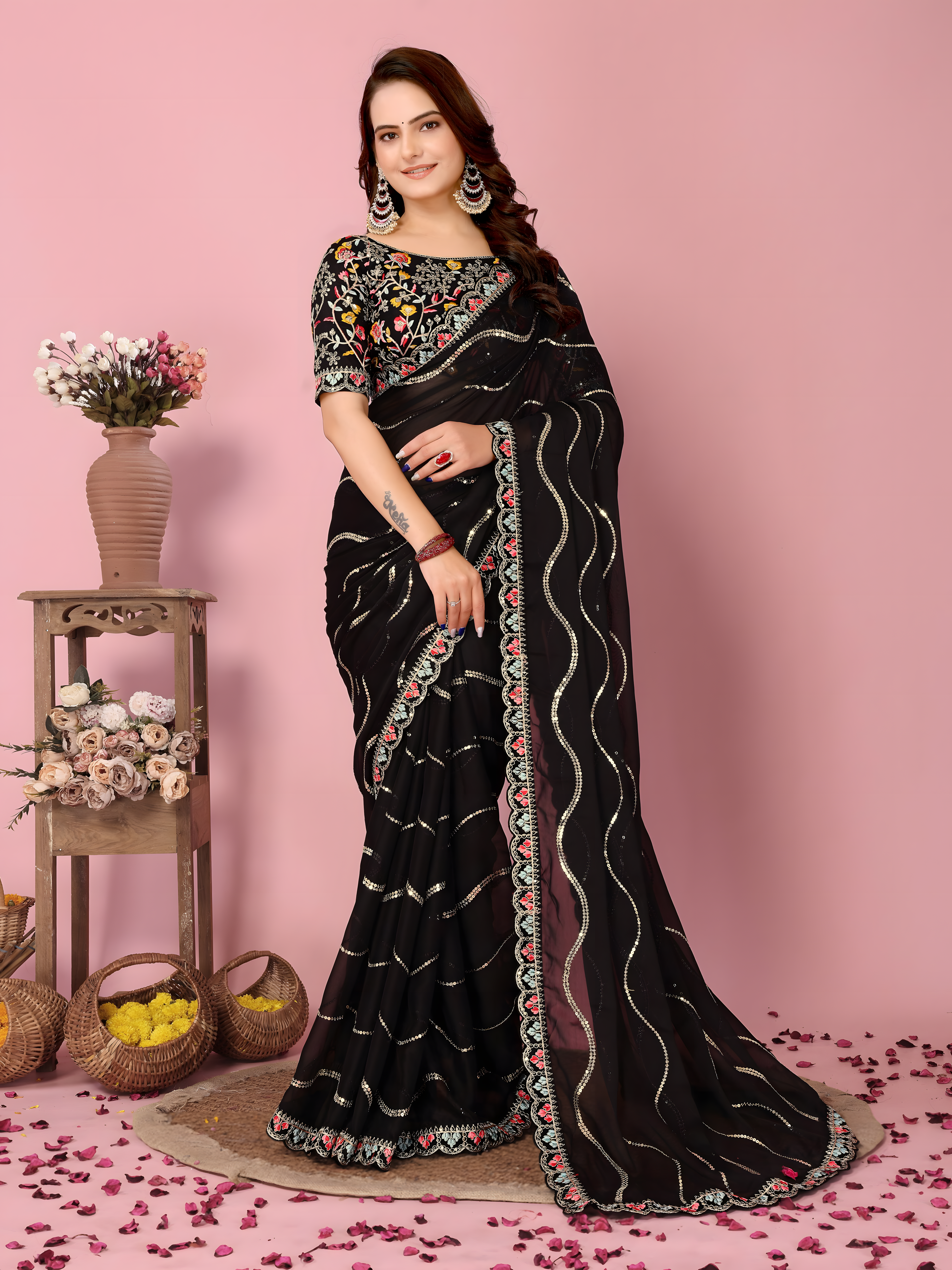 Black Rangoli  Silk  Saree with Embroidery cut work Lace with sequence work