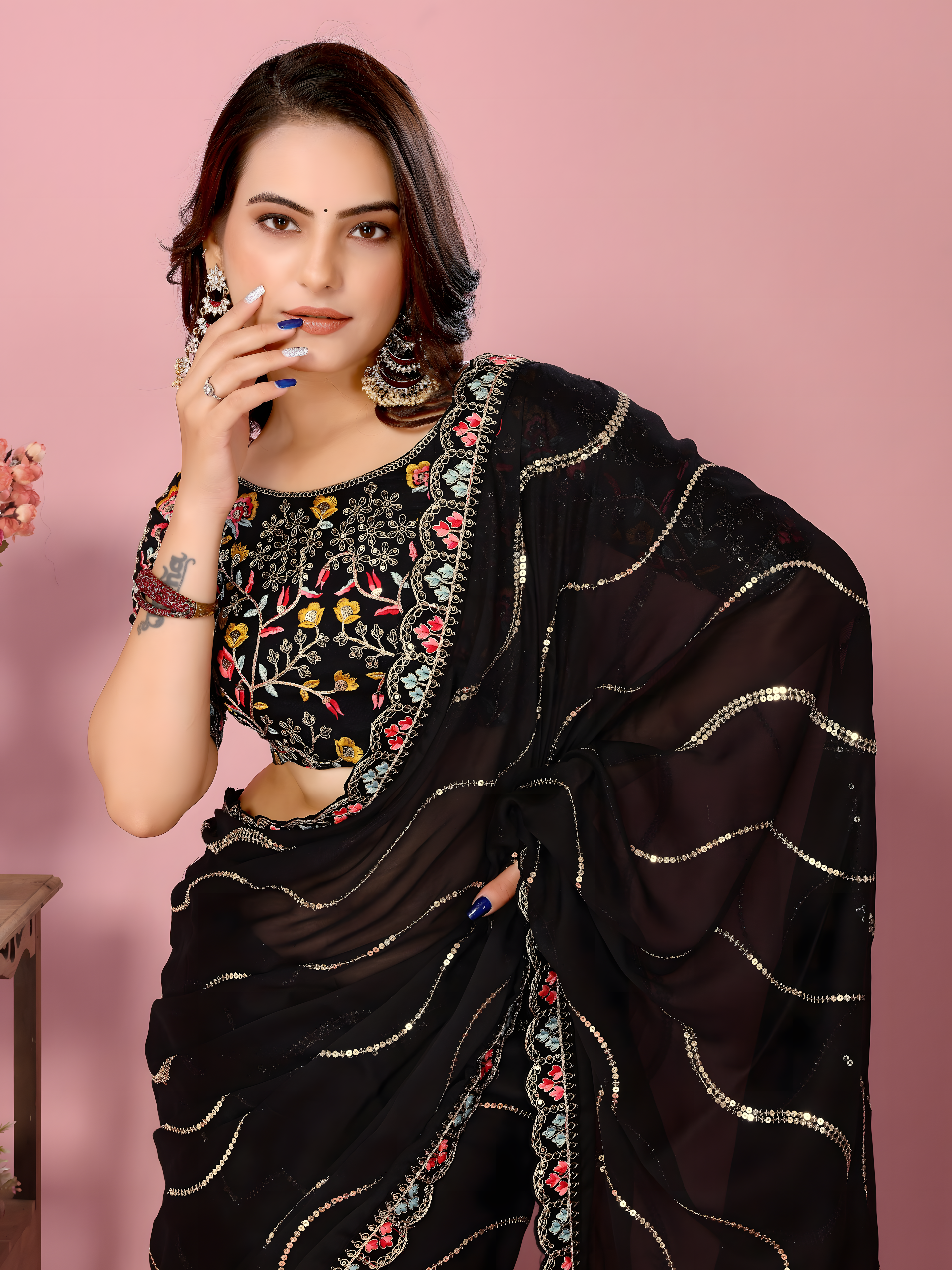 Black Rangoli  Silk  Saree with Embroidery cut work Lace with sequence work