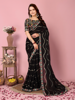 Black Rangoli  Silk  Saree with Embroidery cut work Lace with sequence work
