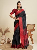 Black Raw Silk Saree with Temple Border and Striped Pallu