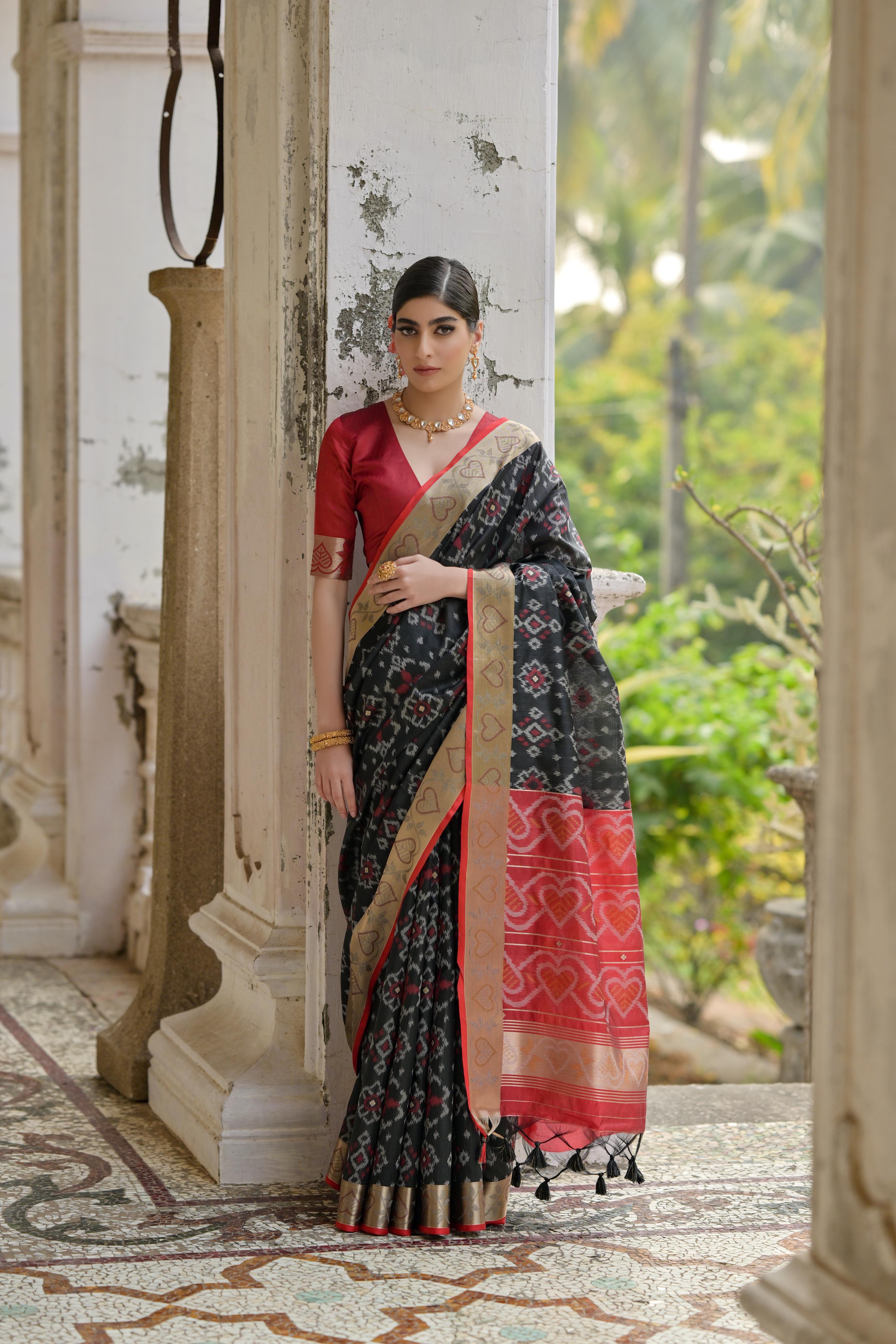 Black Raw Silk Woven Ikat Designer Ceremonial Saree