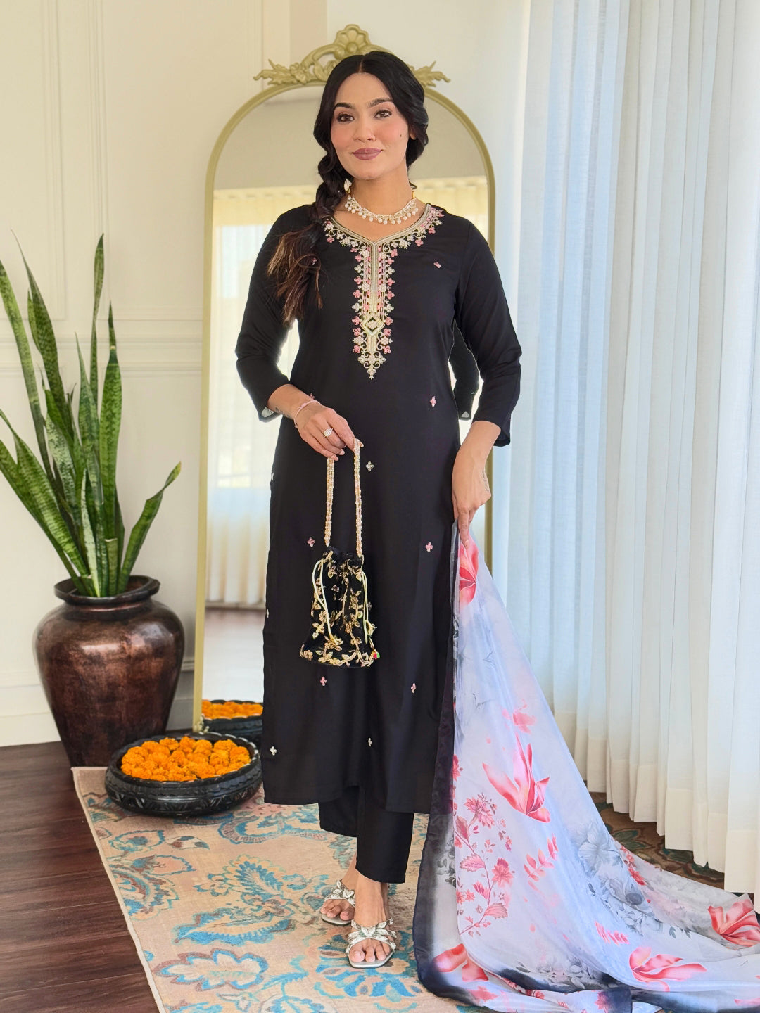 Black Rayon Elegant Kurta Pant Set With Embroidery Work
