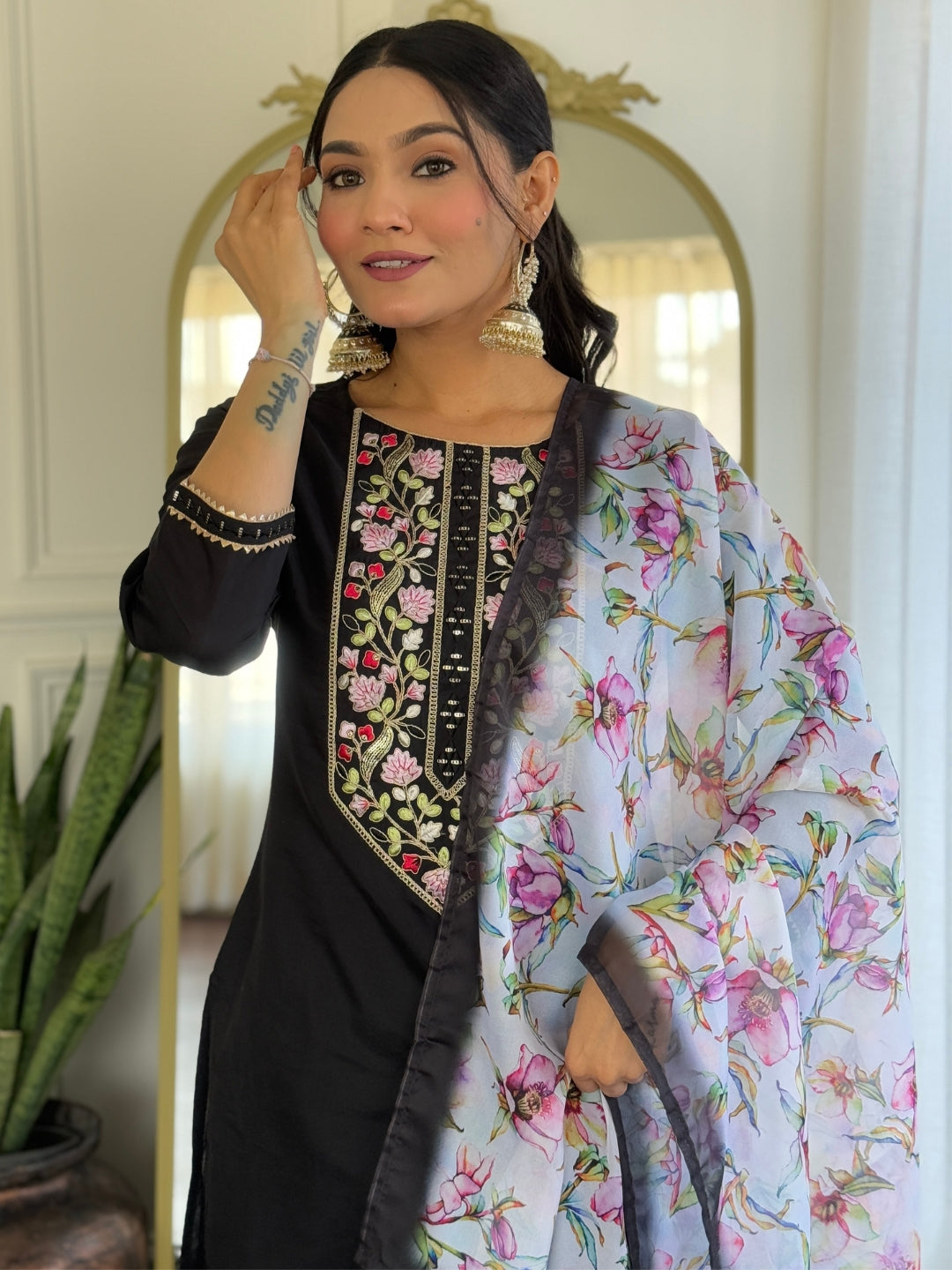 Black Rayon Elegant Kurta Pant Set With Embroidery Work