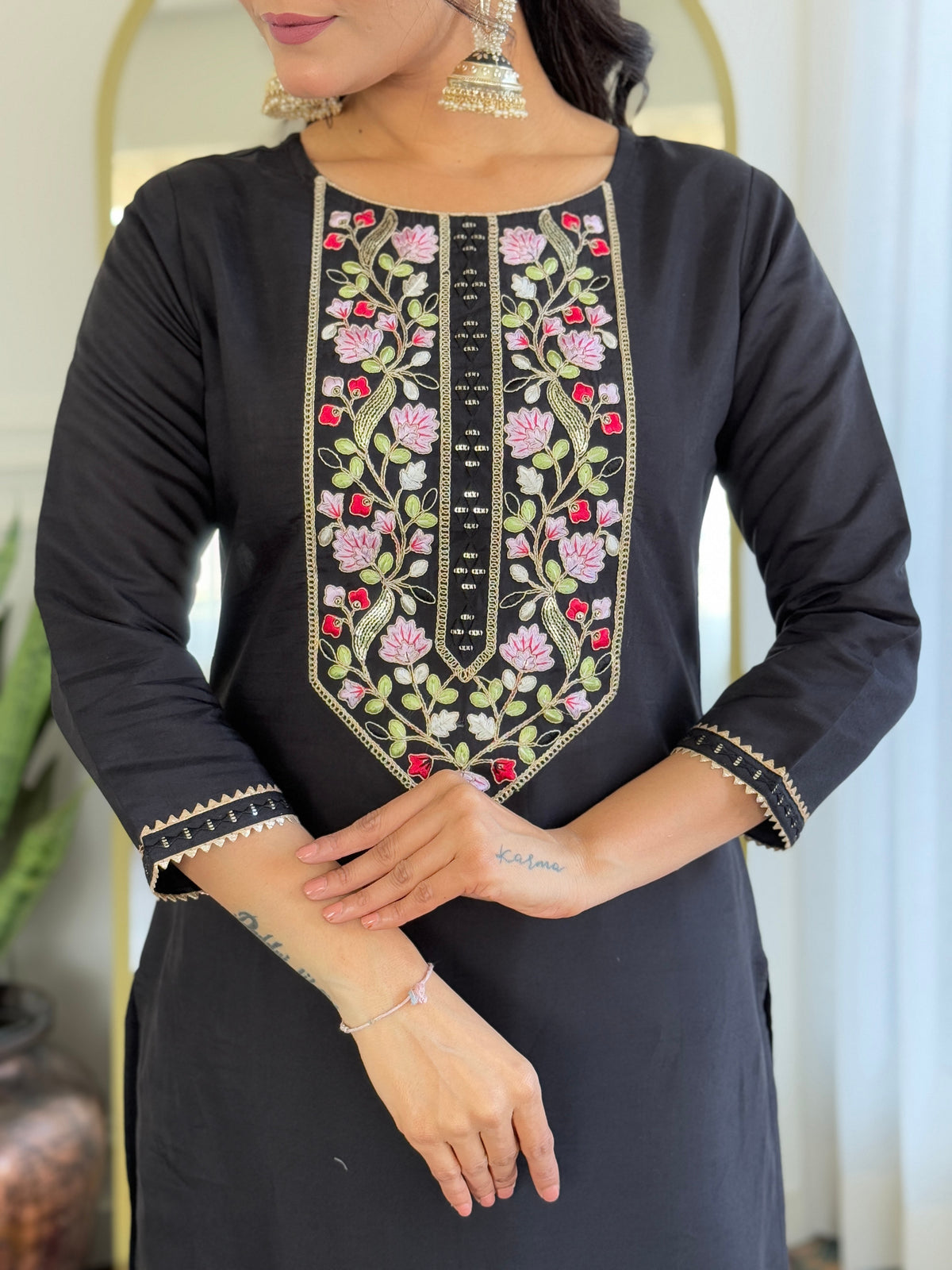 Black Rayon Elegant Kurta Pant Set With Embroidery Work