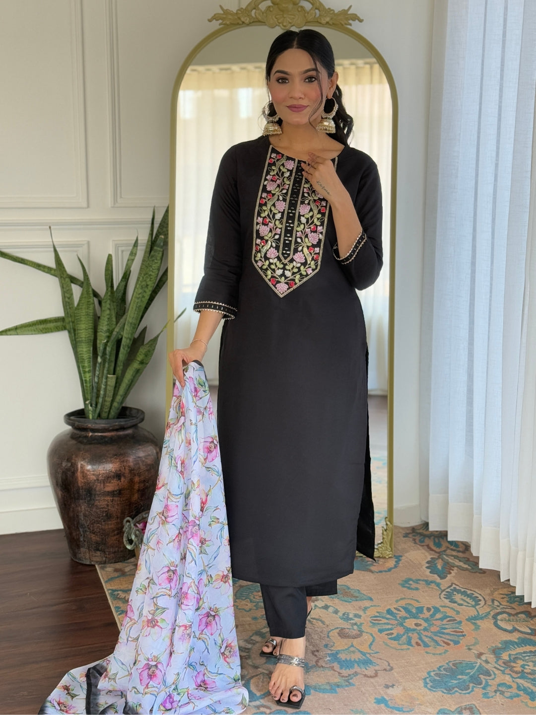 Black Rayon Elegant Kurta Pant Set With Embroidery Work