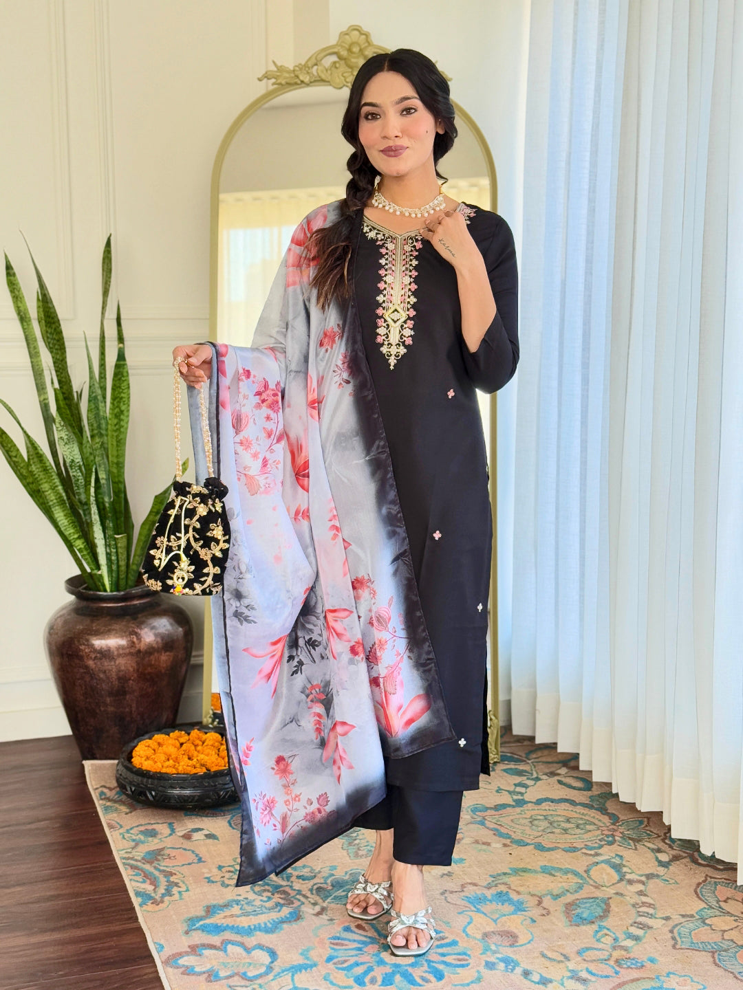 Black Rayon Elegant Kurta Pant Set With Embroidery Work