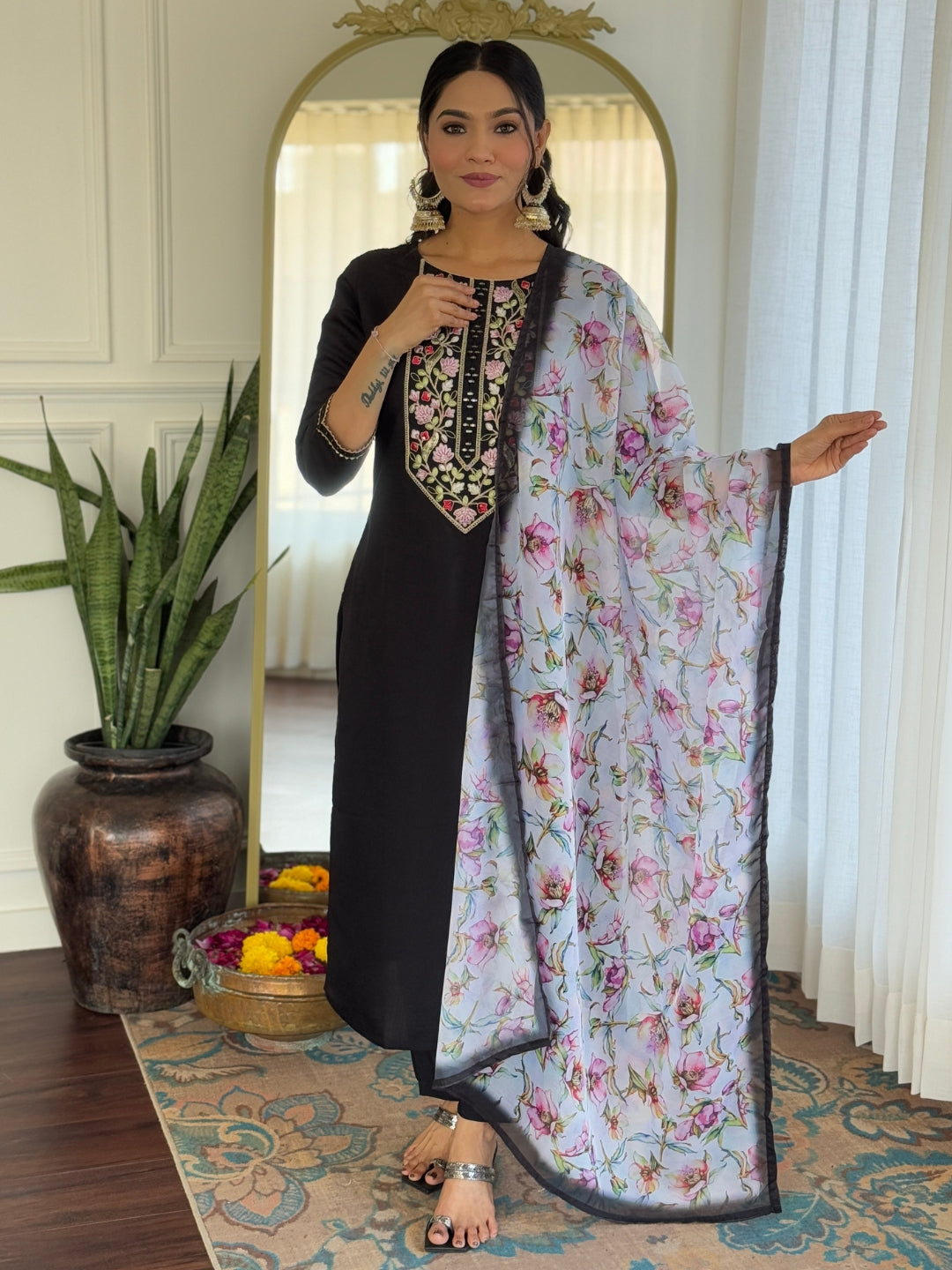 Black Rayon Elegant Kurta Pant Set With Embroidery Work