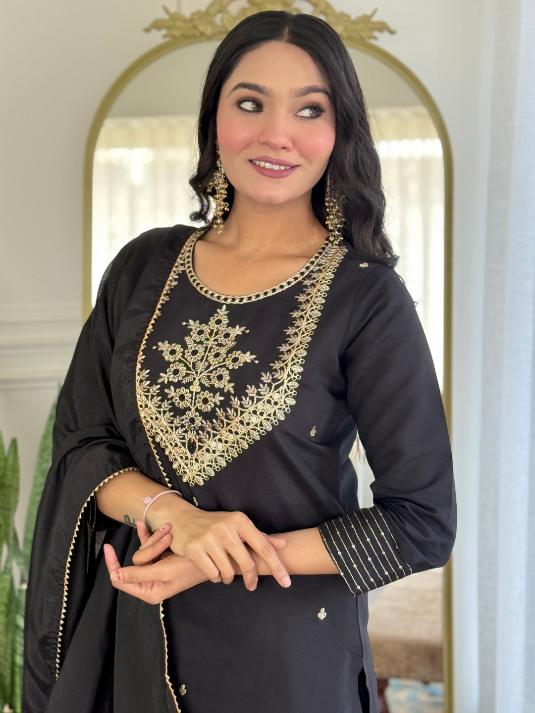 Black Rayon Slub Elegant Kurta Pant Set With Embroidery Work