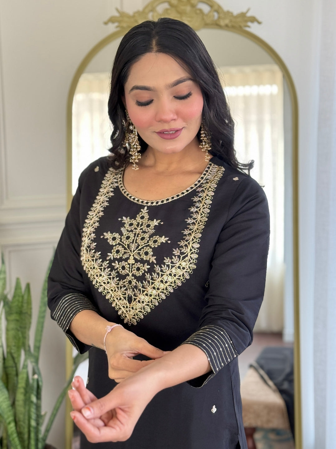 Black Rayon Slub Elegant Kurta Pant Set With Embroidery Work