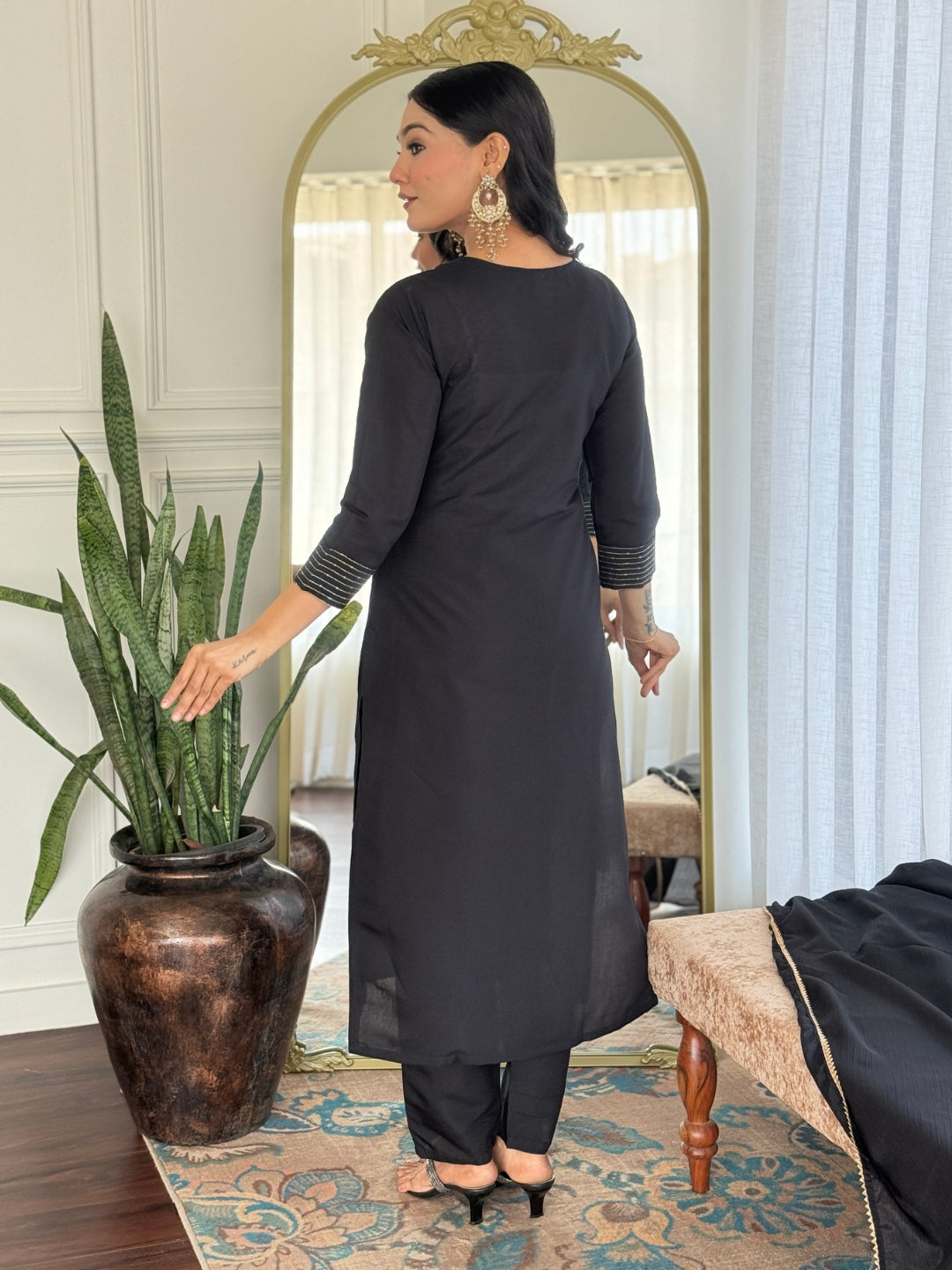 Black Rayon Slub Elegant Kurta Pant Set With Embroidery Work