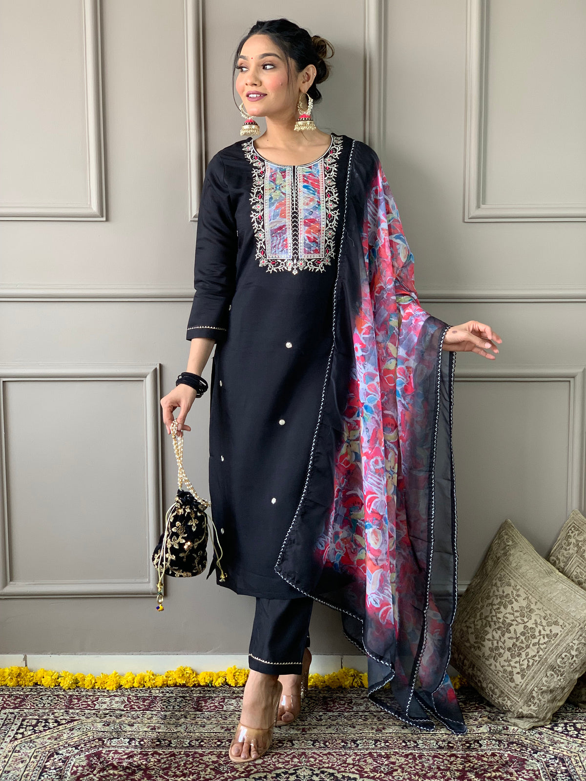 Black Rayon Slub Elegant Kurta Pant Set With Embroidery Work