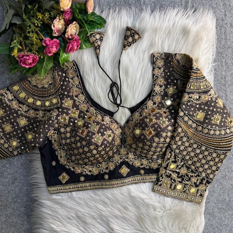 Black Real Mirror Work Long Sleeve Bridal Blouse in Roman Silk with Embroidery & Sequins