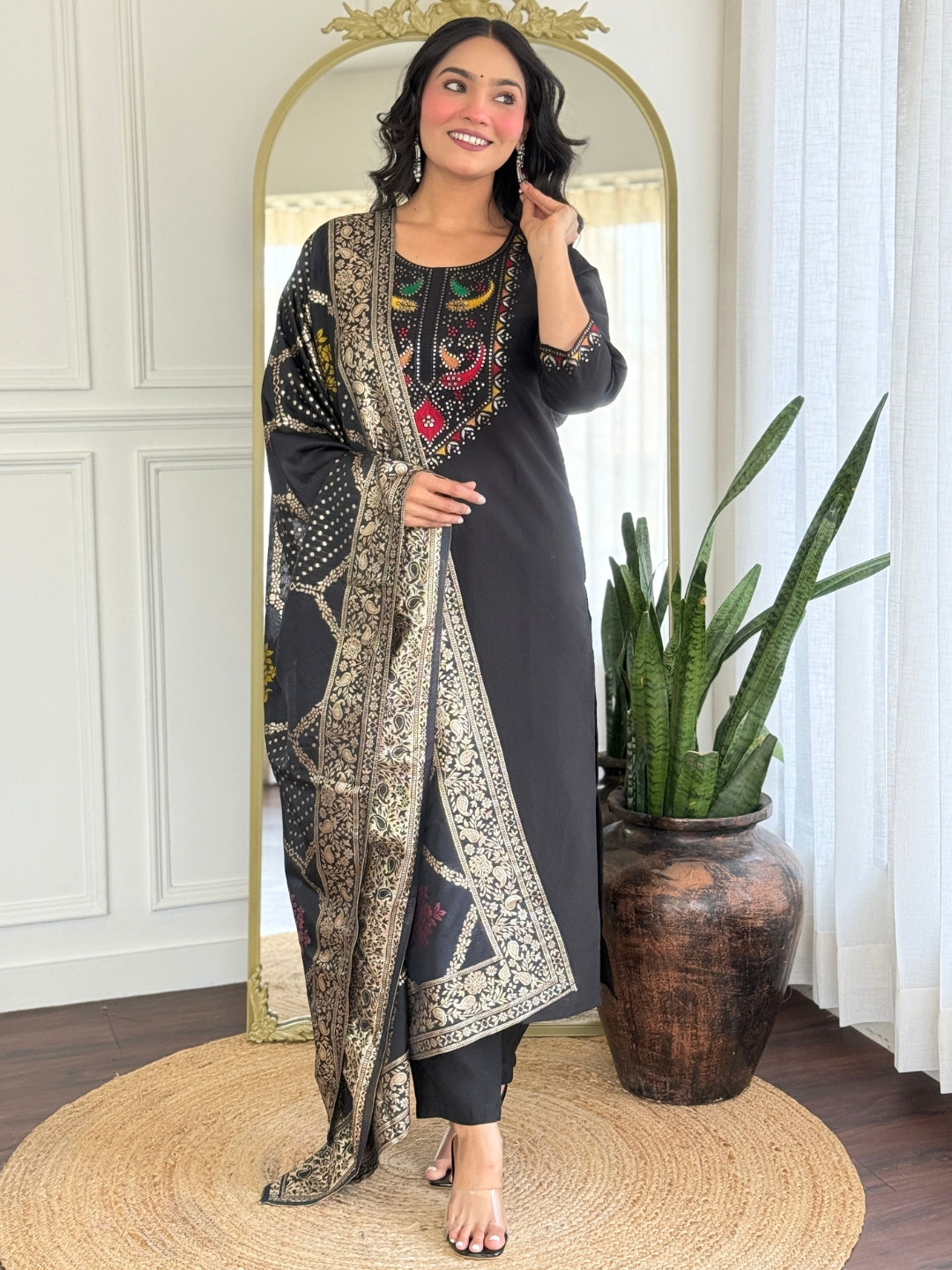 Black Roman Silk Elegant Kurta Pant Set With Embroidery Work